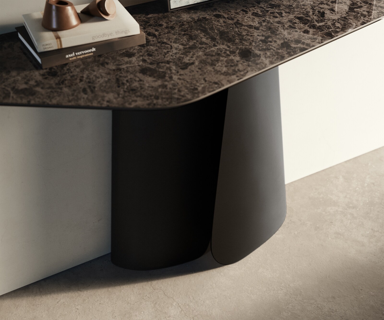 Konsola Edge wielokątna 140x50 cm ceramika Emperador Extra Lucidato ciemnobrązowa podstawa Livos metal czarny 6