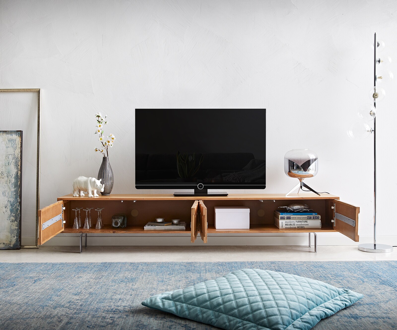 Szafka RTV Fevo 200 cm akacja naturalna 4 drzwi nóżki L 3