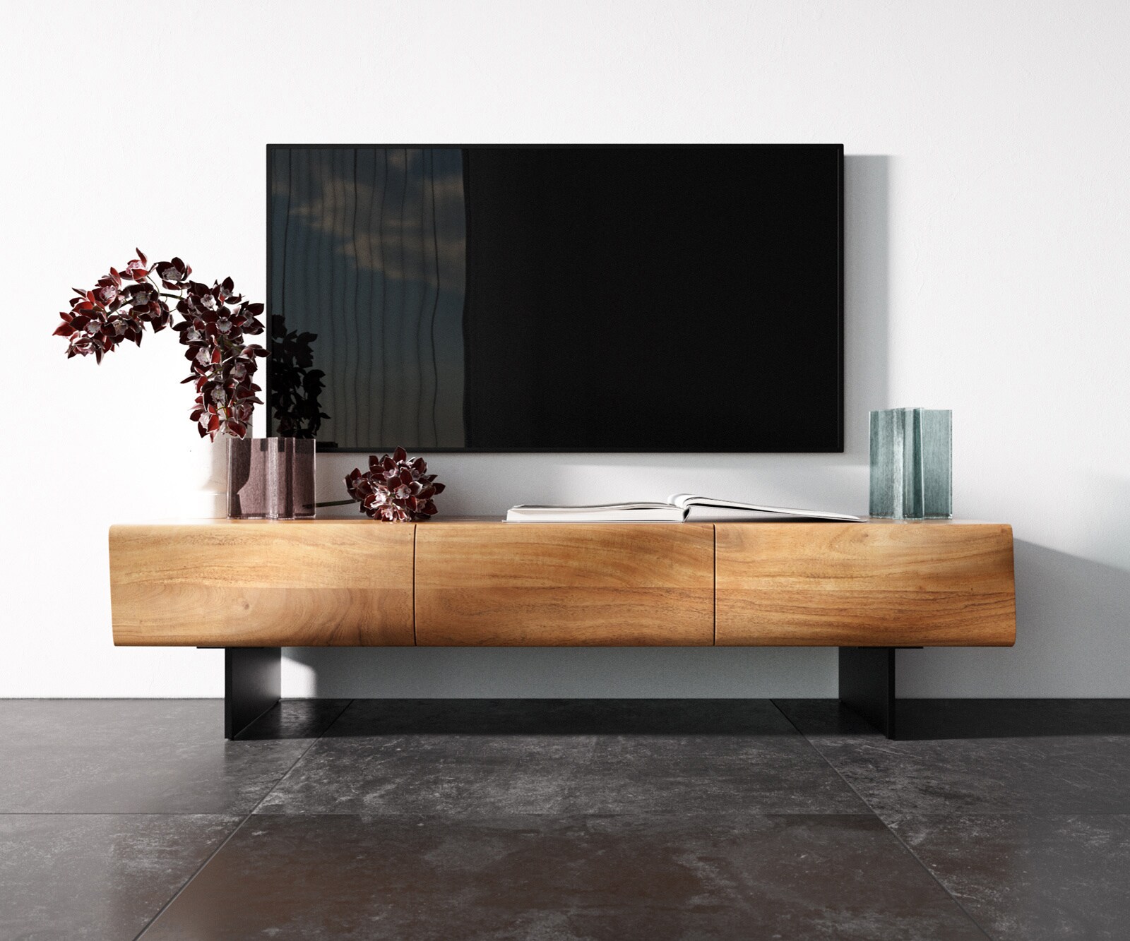 Szafka RTV New Live-Edge 145 cm akacja naturalna 3 drzwi nóżki wąskie czarny metal 3