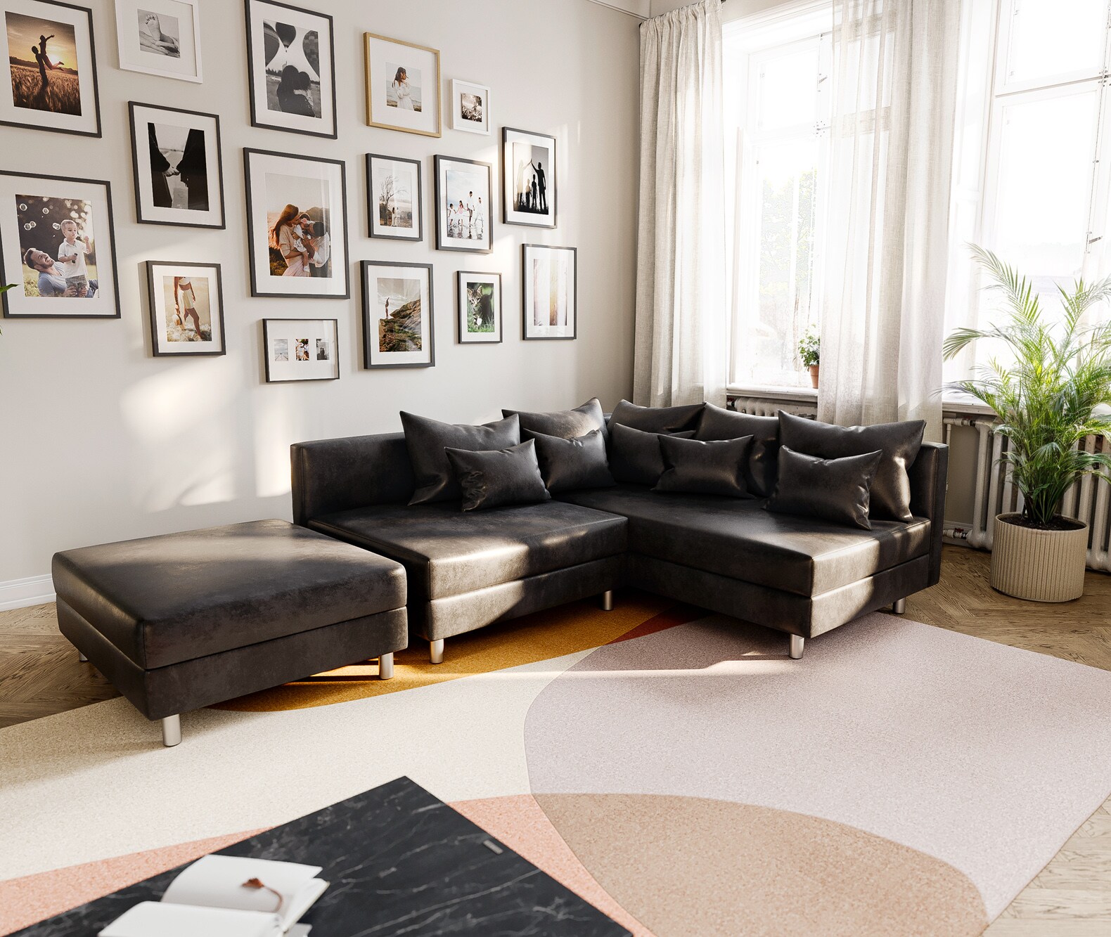 Sofa narożna Clovis antracyt antyczny modułowa z pufem szezlong prawy