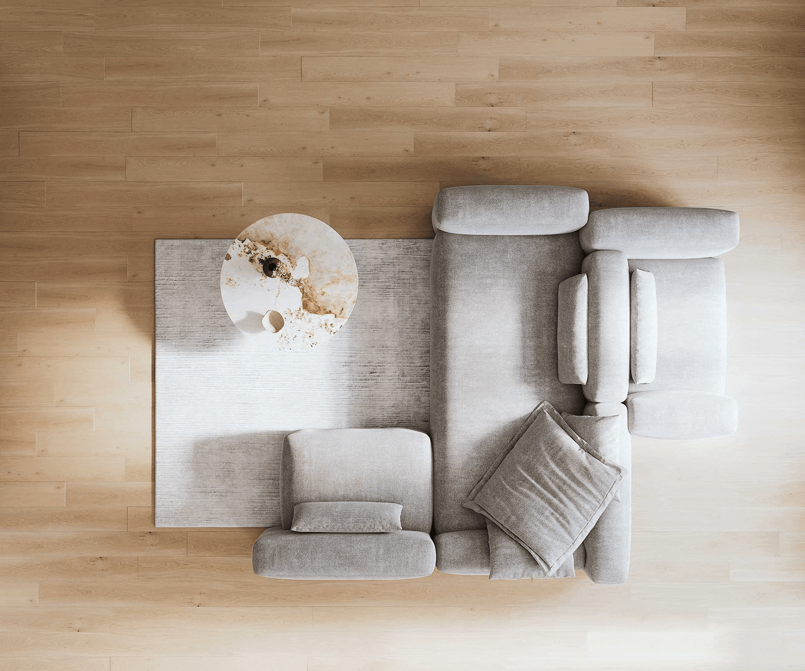 Sofa w kształcie litery U Freestyle 360x290 cm miękka tkanina strukturalna szara szew płaski 5
