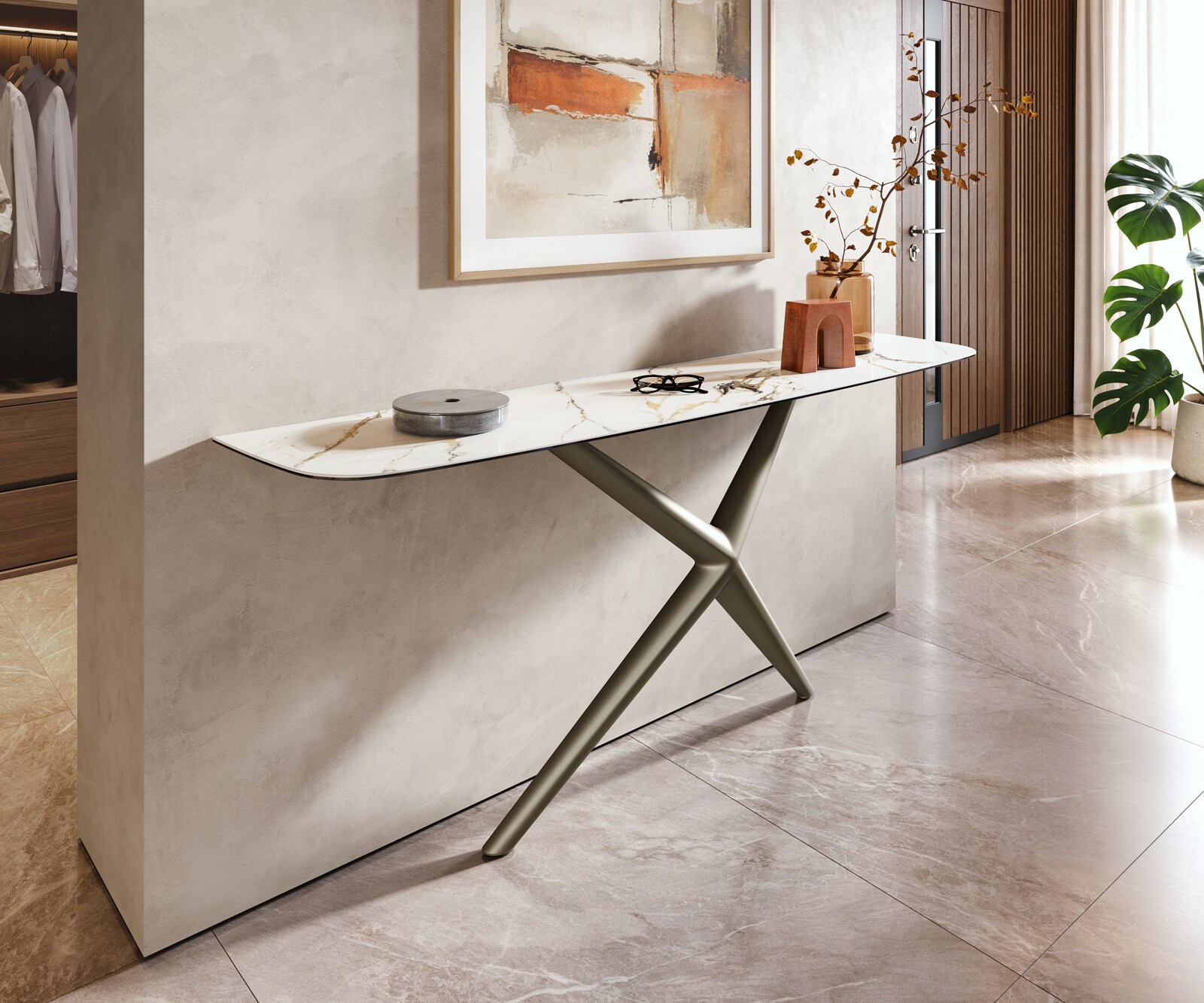 Konsola Edge w kształcie beczki 180x40 cm Calacatta Luxe biało-złoto-szara rama Estelo metal w kolorze tytanu 4