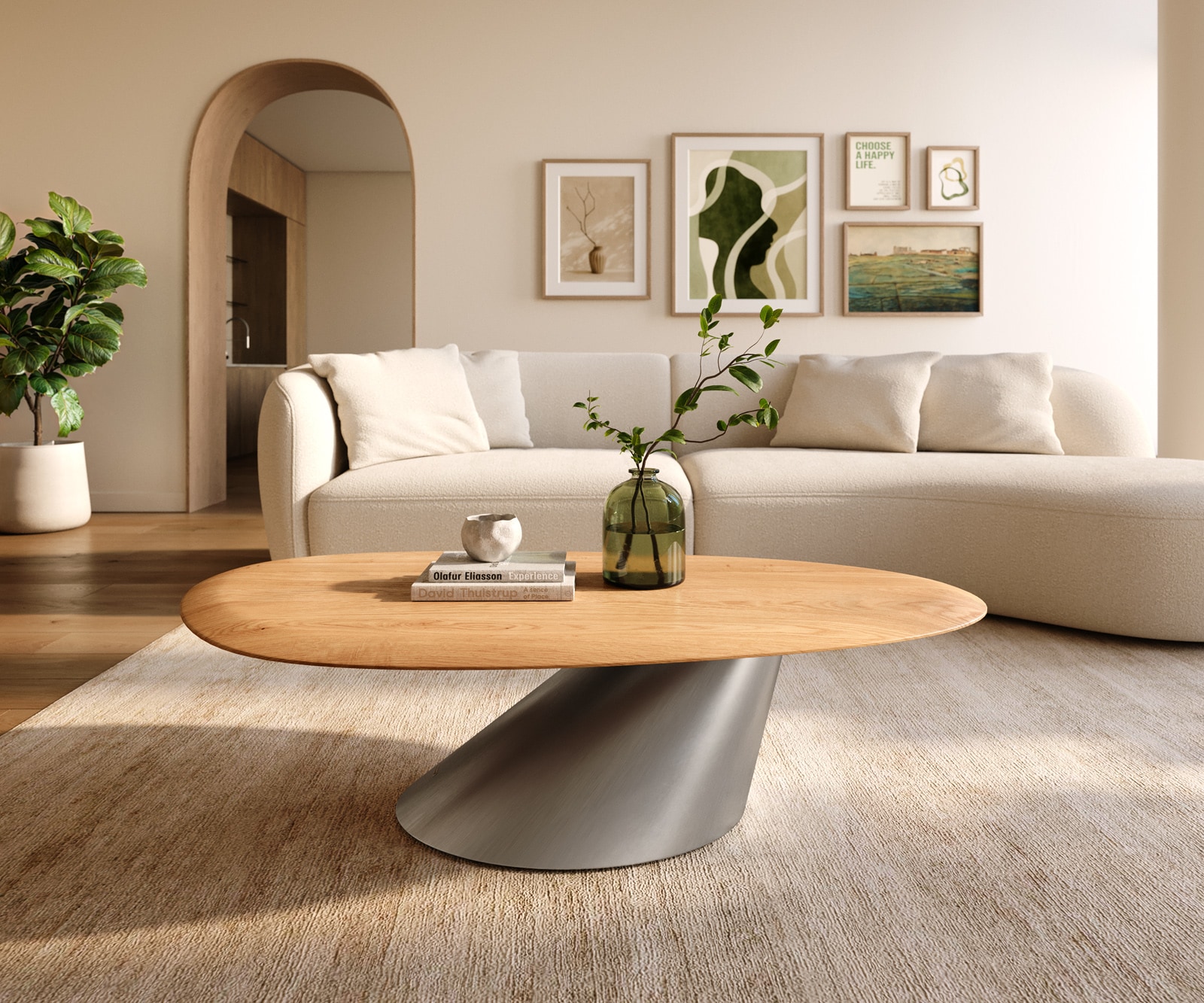 Stolik kawowy Edge owalny 140x75 cm dąb naturalny zaokrąglona krawędź Conis stal nierdzewna szczotkowana 1