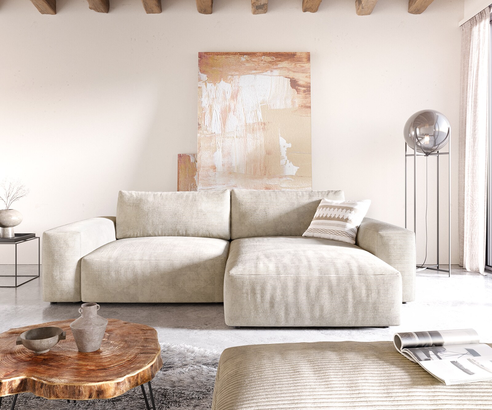 Sofa narożna Lanzo XL 270x180cm sztruks beżowy szezlong z możliwością zmiennego ustawienia z pufem 1