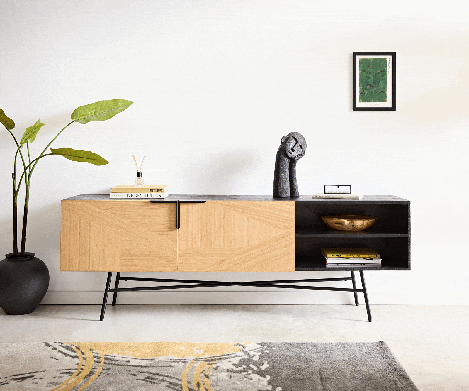 Komoda Mikkusu 175 cm bambus naturalny mango czarne 2 drzwi 2 wnęki czarny metal 2