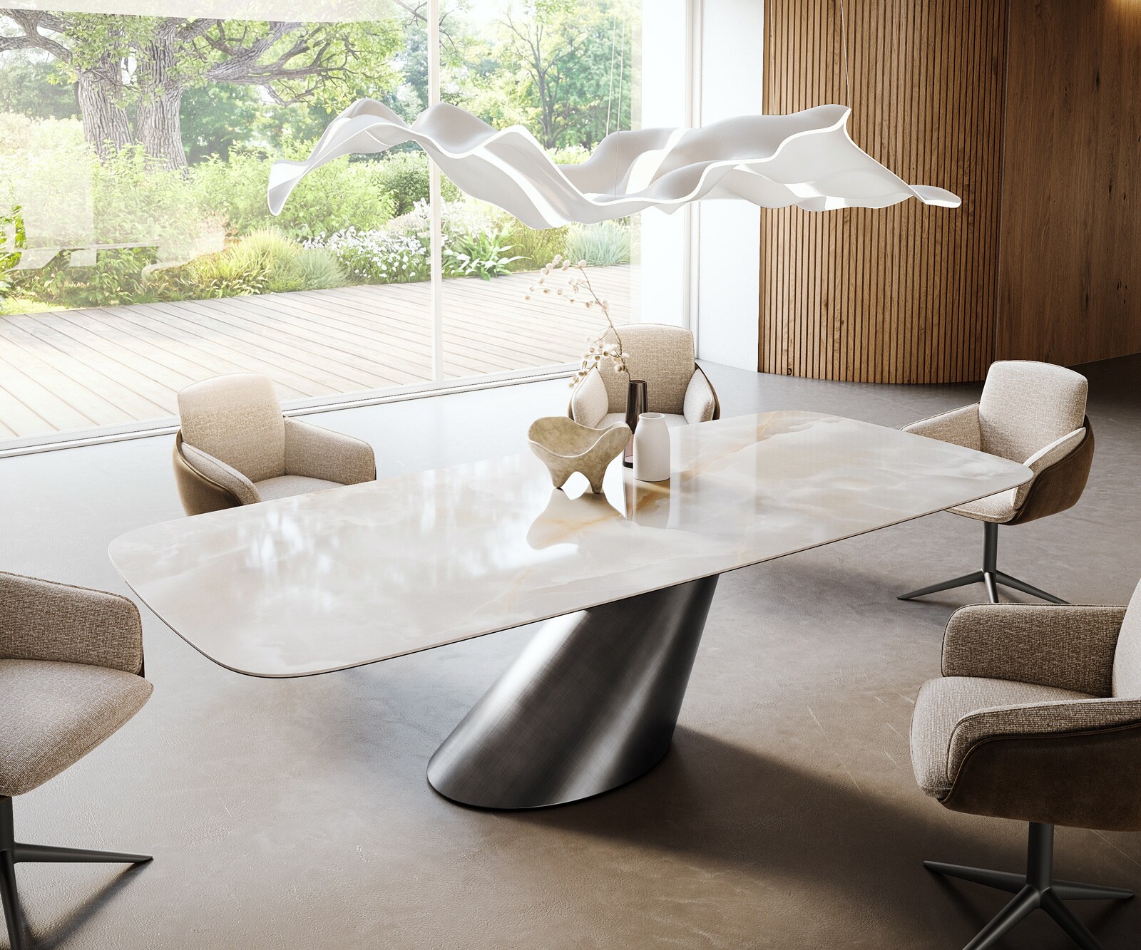 Stół do jadalni Edge w kształcie beczki 270x120 cm ceramika Iris FMG Onice Grigio rama Cono metaliczny srebrny 1