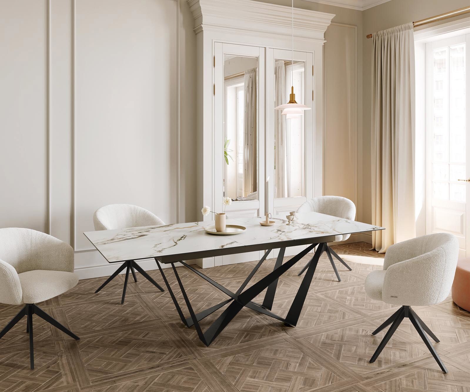 Stół do jadalni Edge 180-220x100 cm ceramika Calacatta Luxe biało-złoto-szary rama Spider metal czarna rozkładany 6