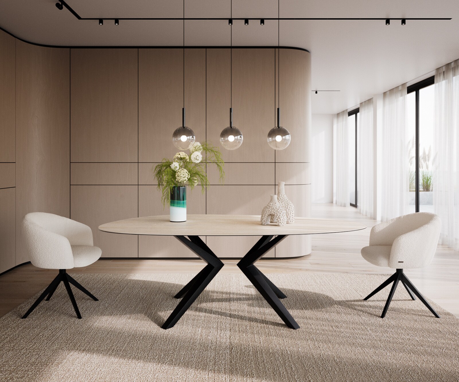 Stół do jadalni Edge owalny 220x120cm ceramika Laminam® Travertino Bianco kremowo-biały rama Zenthara metal czarny 1