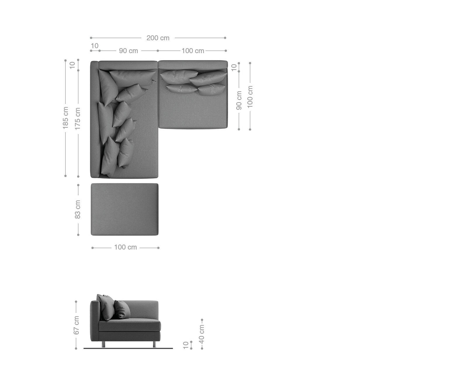 Sofa narożna Clovis antracyt antyczny z pufem szezlong lewy sofa modułowa 5