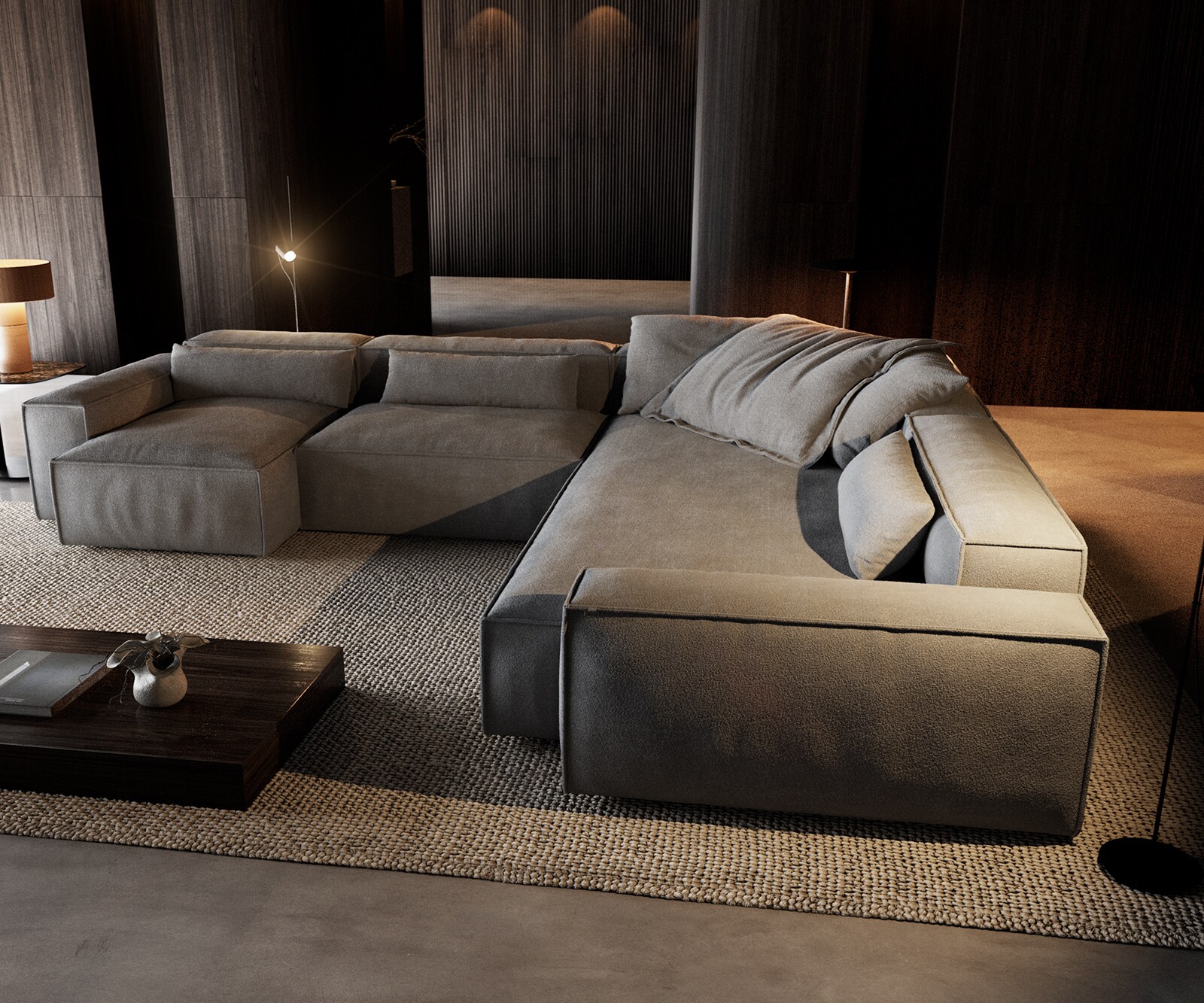 Sofa w kształcie litery U Freestyle 360x290 cm miękka tkanina strukturalna szara z lamówką 4