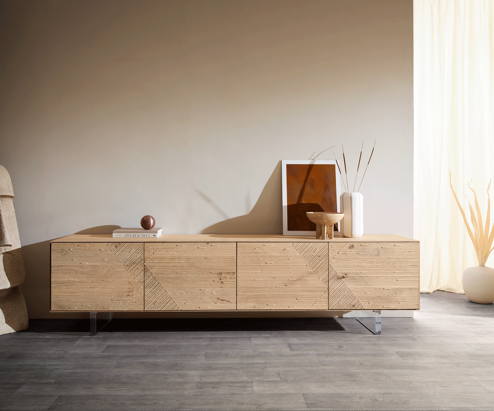 Szafka RTV Tereos 220 cm dąb naturalny efekt 3D 4 drzwi nóżki akrylowe 4