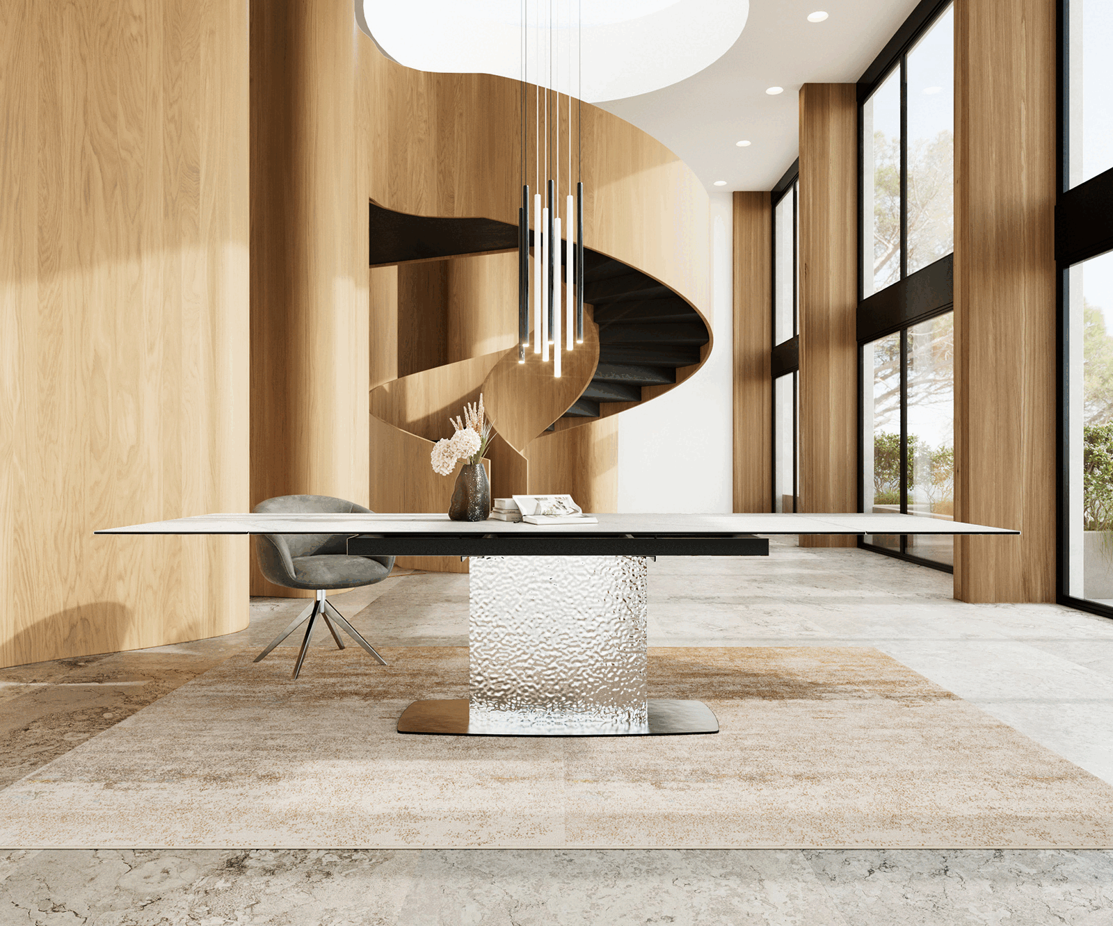 Stół do jadalni Edge 200-300x100 cm ceramika Laminam® Statuarietto biały rama Wave stal nierdzewna rozkładany 1