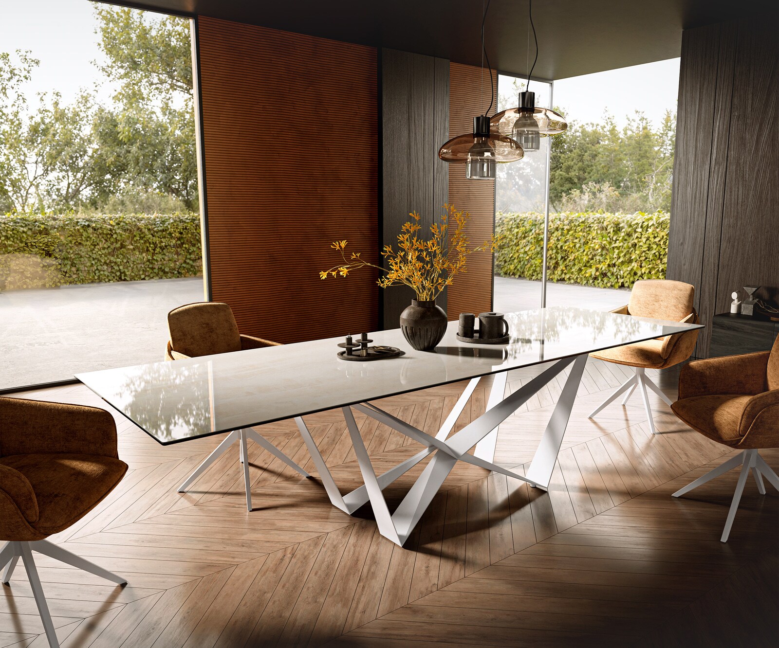 Stół do jadalni Edge 300x100 cm ceramika Onyx Champagne rama Spider metal biały 1
