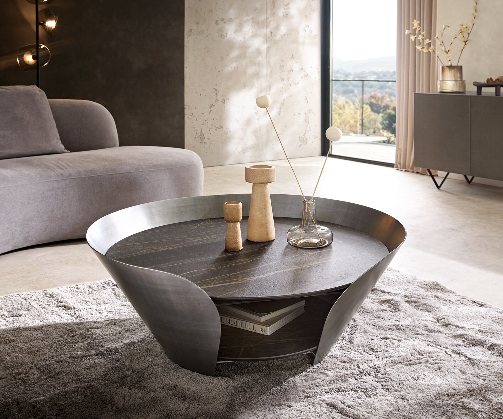 Stolik kawowy Skafi 100x40 cm ceramika Laminam® Noir Desir rama metaliczny srebrny