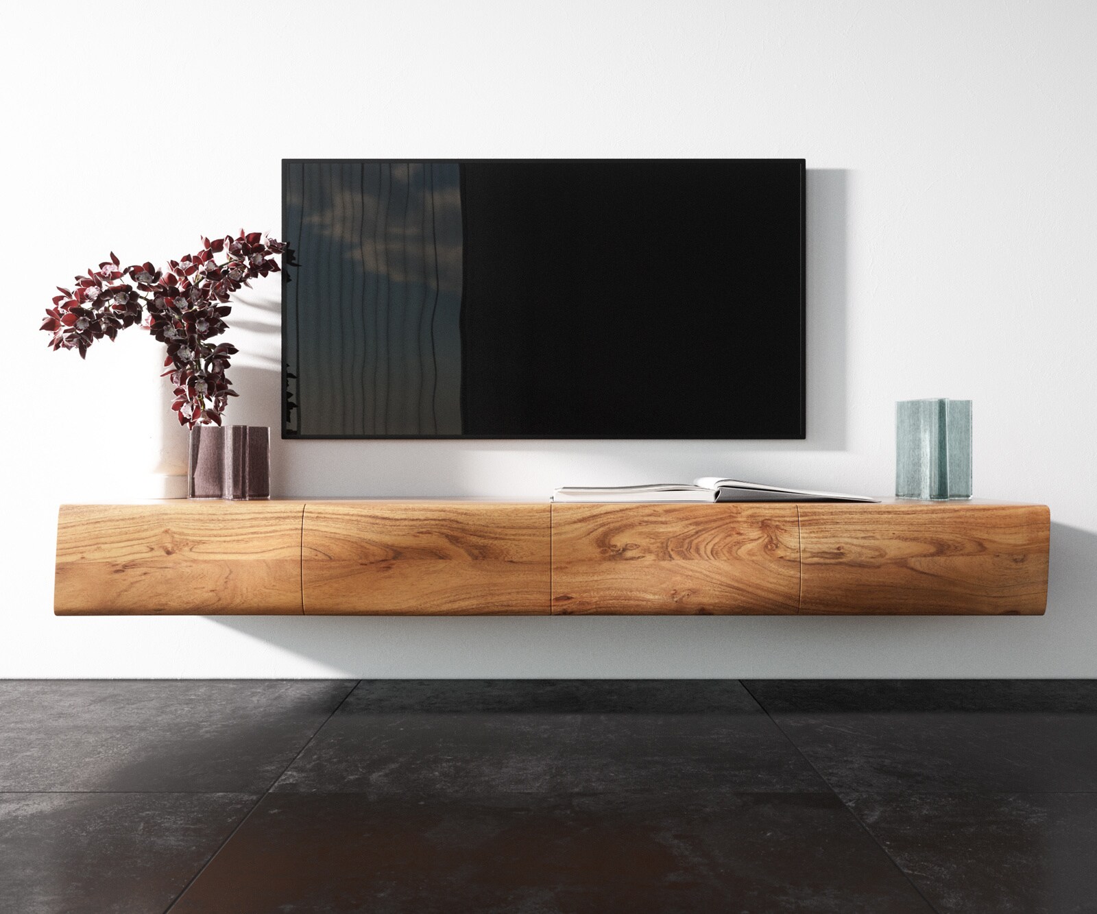 Szafka RTV New Live-Edge 175 cm akacja naturalna 4 drzwi podwieszana 3