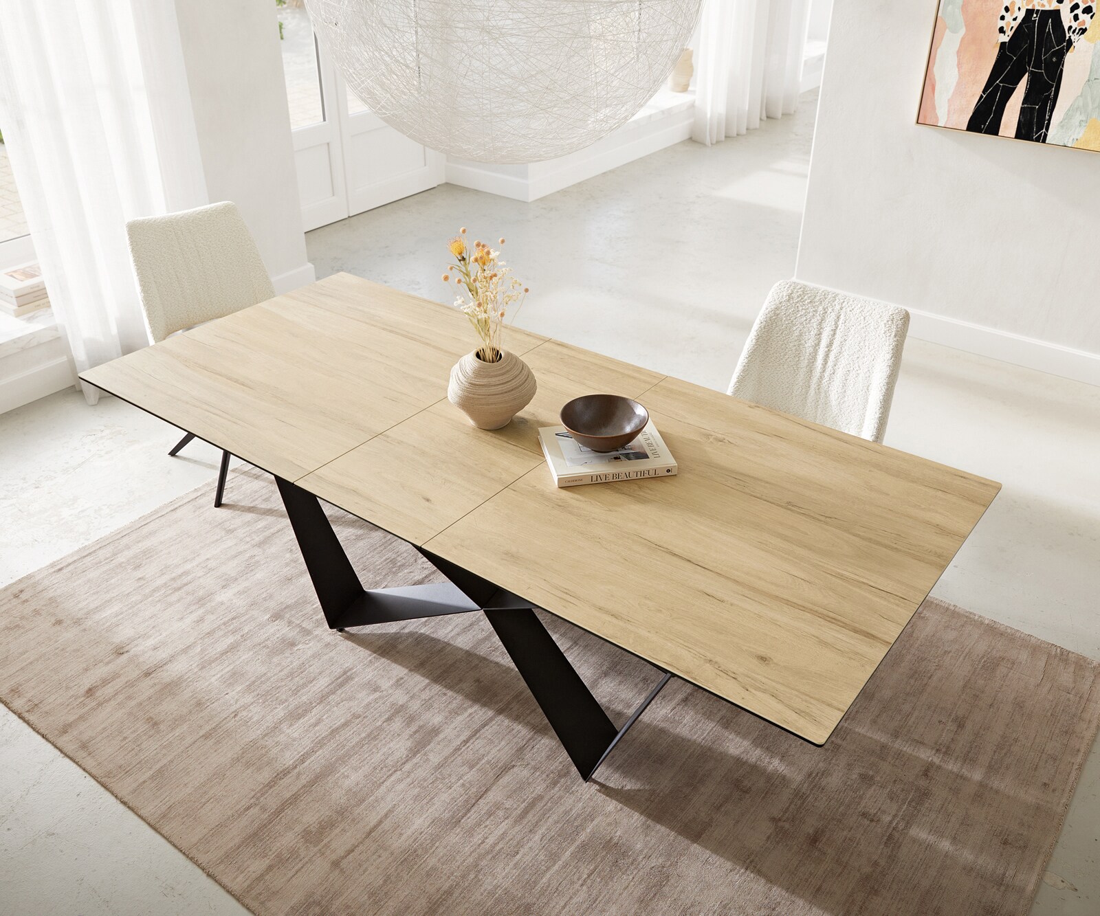 Stół do jadalni Edge 180-220x100 cm ceramika Laminam® Sabbia kolor dębu rama Spider metal czarna rozkładany 4