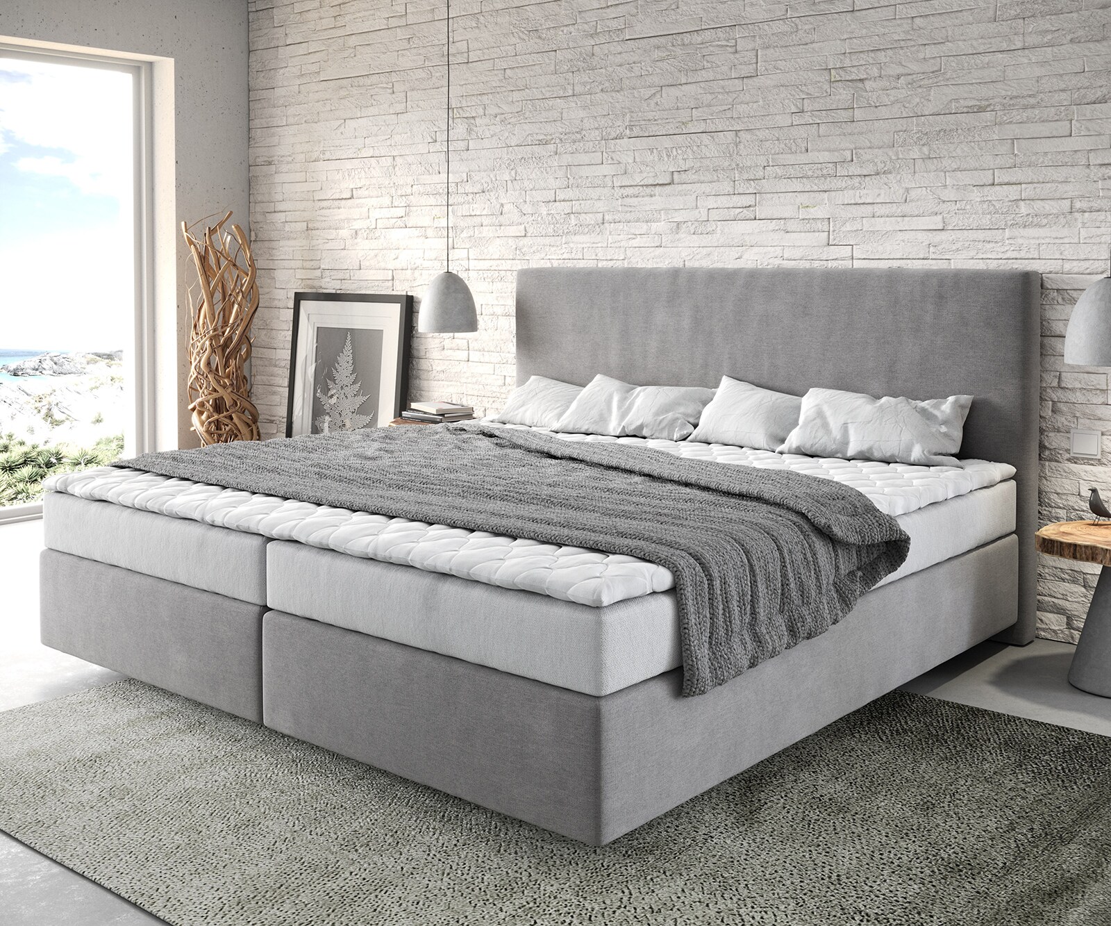 Łóżko kontynentalne Dream-Well mikrofibra szara 200x200cm materac bonellowy topper PU