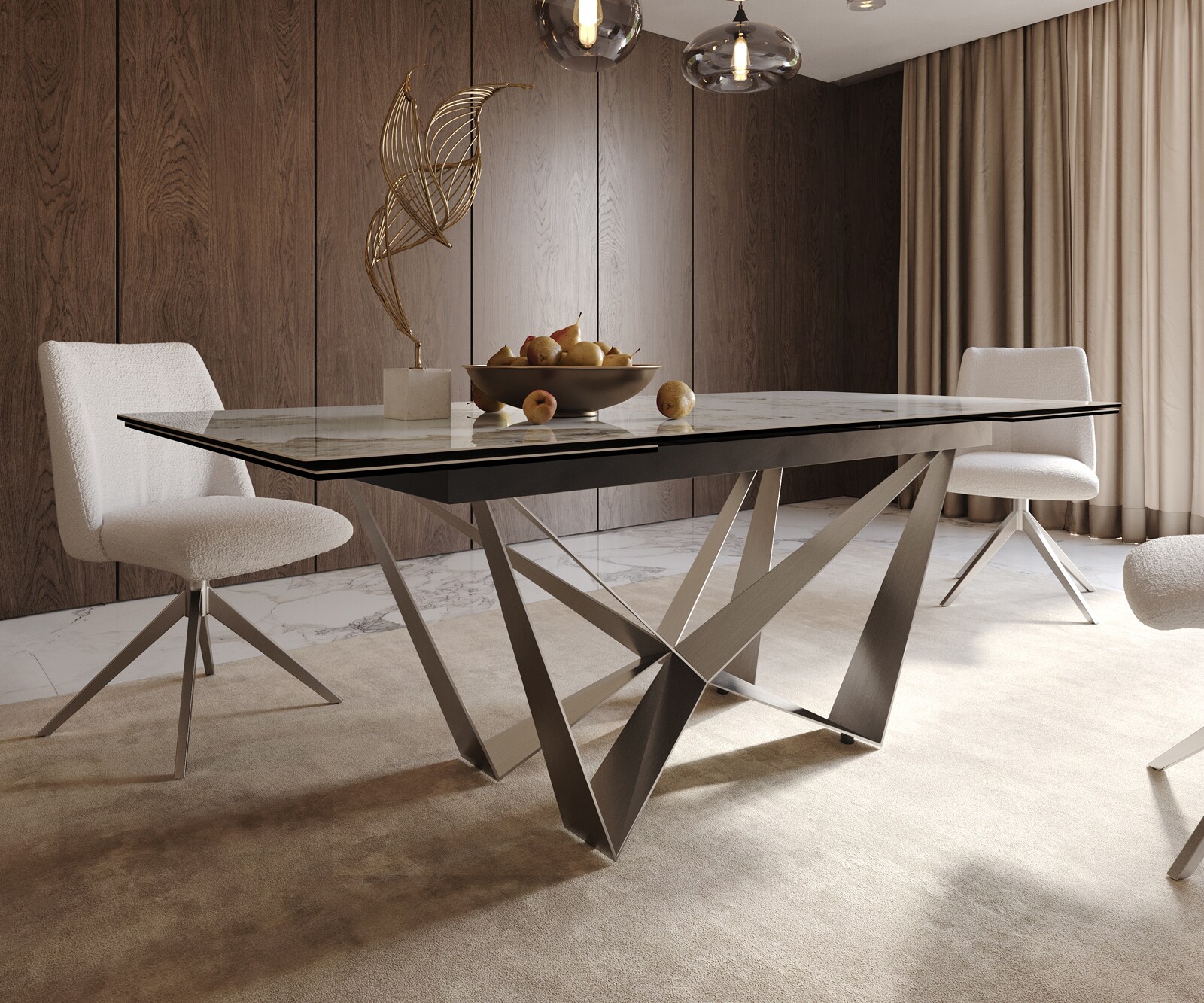 Stół do jadalni Edge 200-300x100 cm ceramika Minas Melange biało-beżowy rama Spider stal nierdzewna rozkładany 7