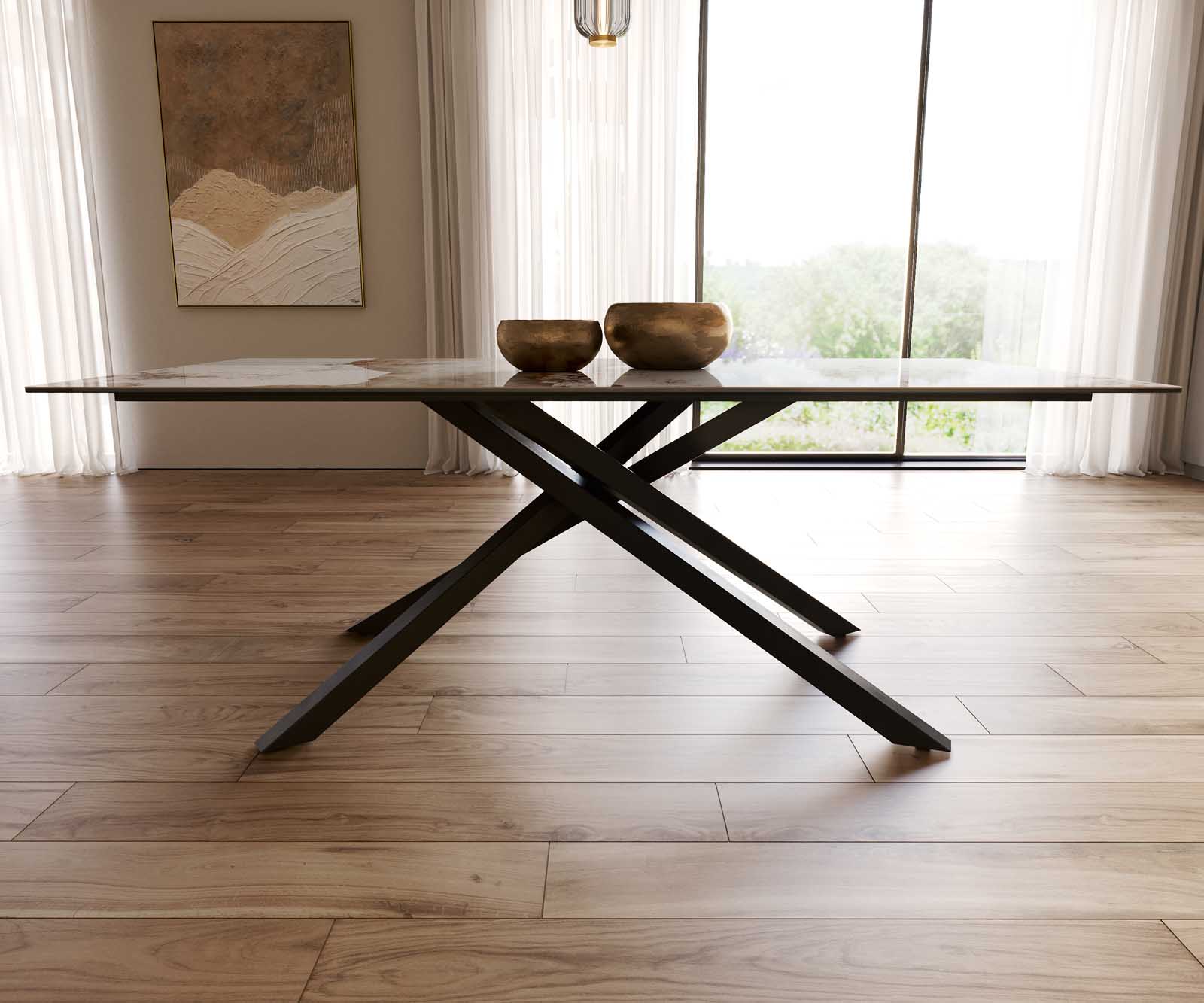 Stół do jadalni Edge 200x100 cm ceramika Minas Melange biało-beżowy rama Cross czarna 8