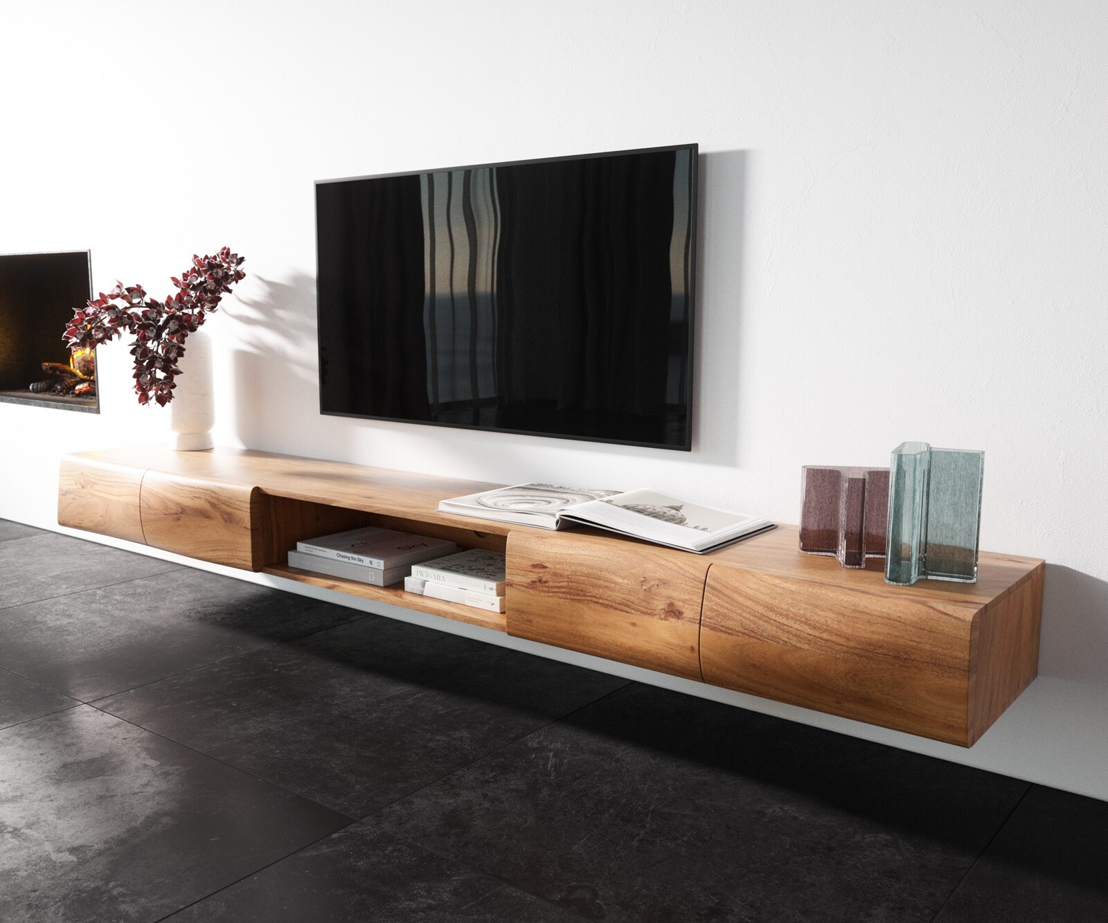 Szafka RTV New Live-Edge 240 cm akacja naturalna 4 drzwi 1 przegroda podwieszana