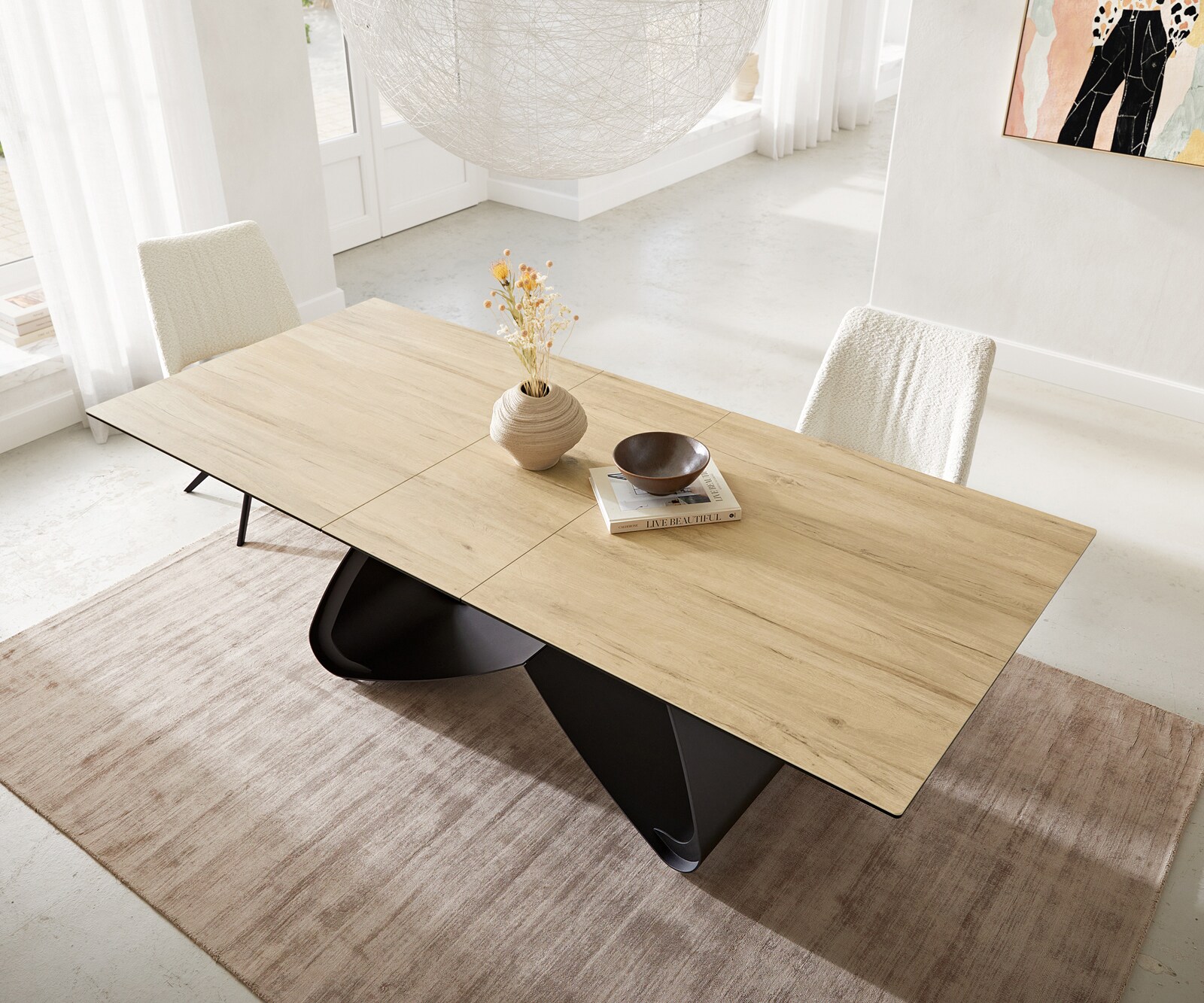 Stół do jadalni Edge 180-220x100 cm ceramika Laminam® Sabbia kolor dębu rama W czarna rozkładany 3