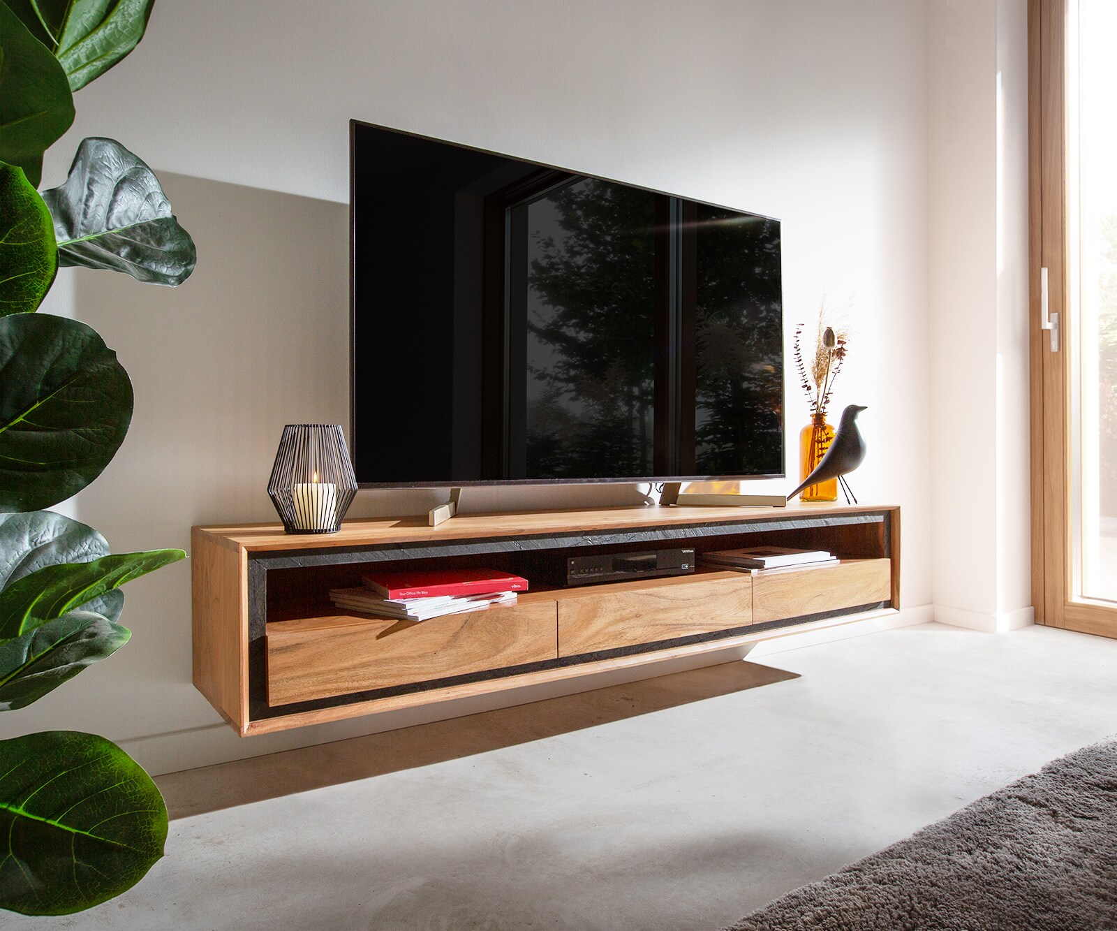 Szafka RTV Stonegrace 175 cm akacja naturalna 1 przegroda 3 szuflady fornir kamienny podwieszana