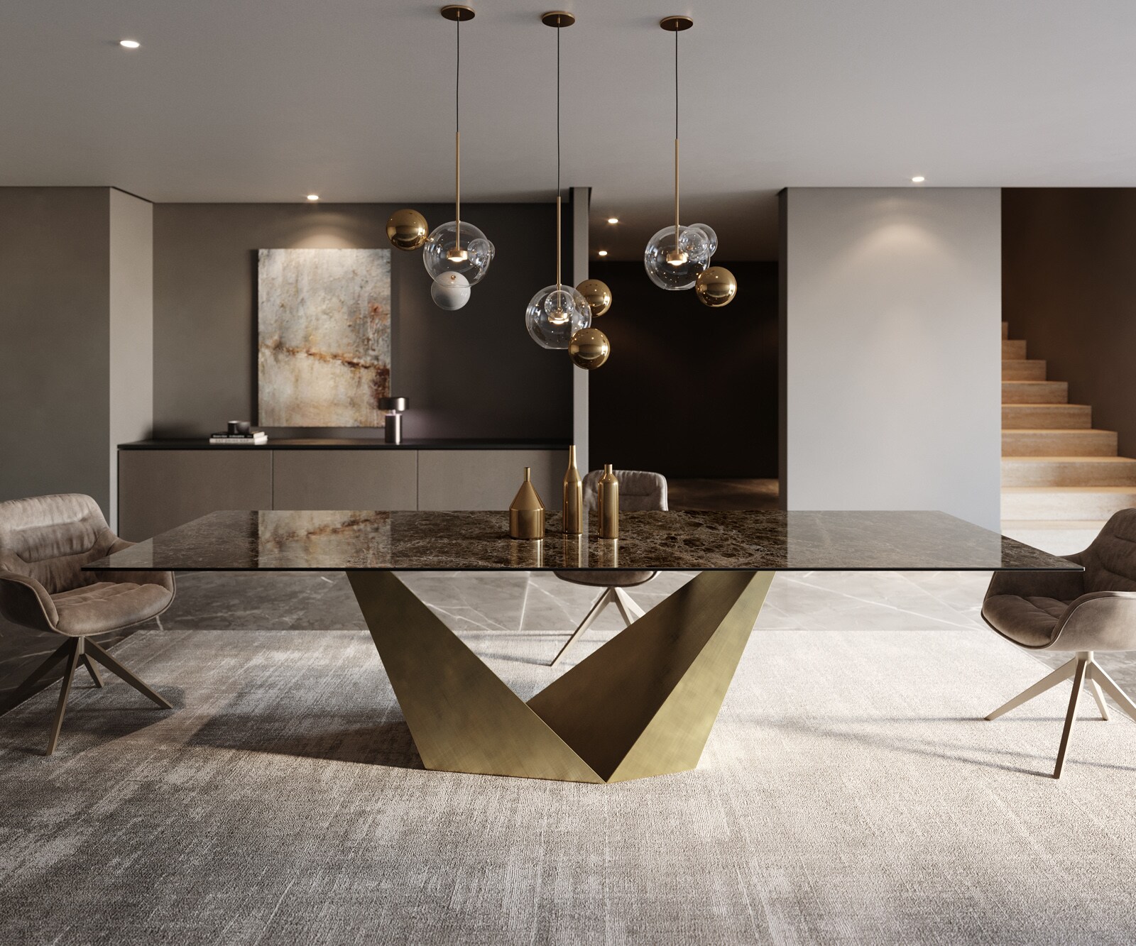 Stół do jadalni Edge 300x100 cm ceramika Laminam® Emperador Extra Lucidato ciemnobrązowa rama Prisma metaliczny złoty 1