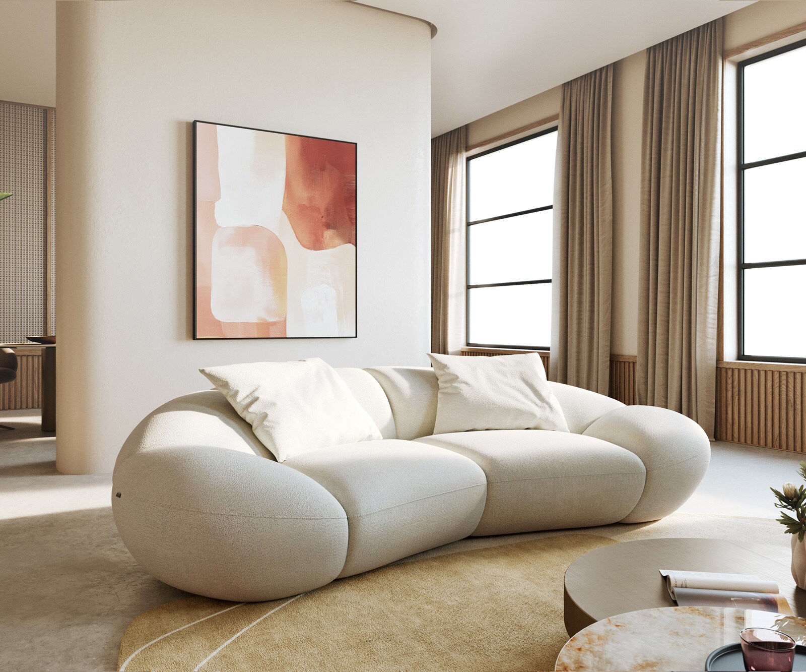 Sofa Lunna 280x70 cm miękka tkanina bouclé beżowa 2 poduszki 3