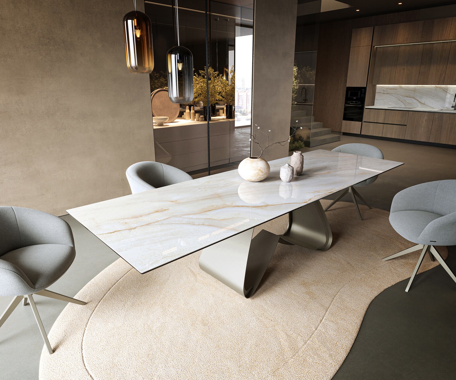 Stół do jadalni Edge 300x100cm ceramika Onyx Pearl rama W metal kolor tytanowy