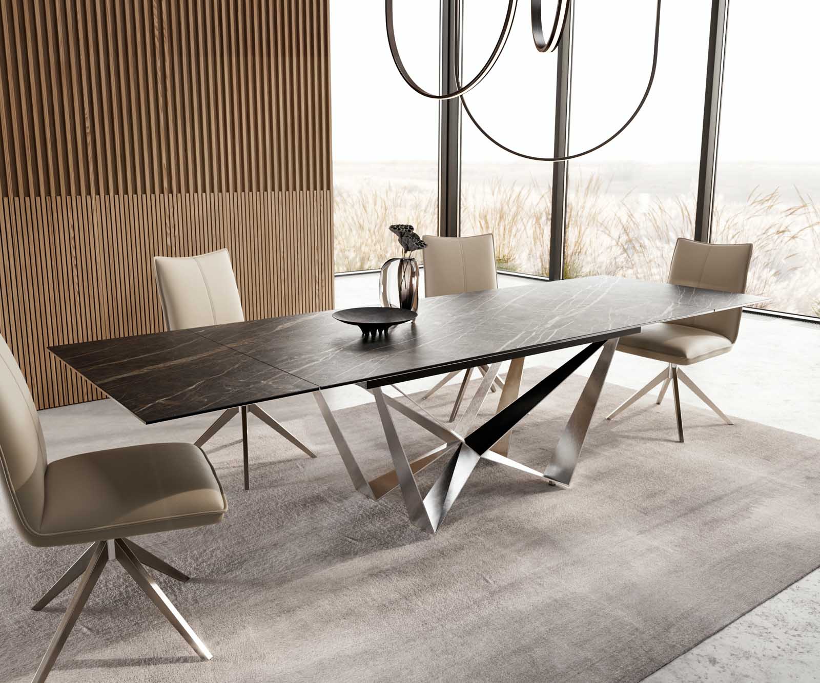 Stół do jadalni Edge 200-300x100 cm ceramika Laminam® Noir Desir brązowy rama Spider stal nierdzewna rozkładany 7