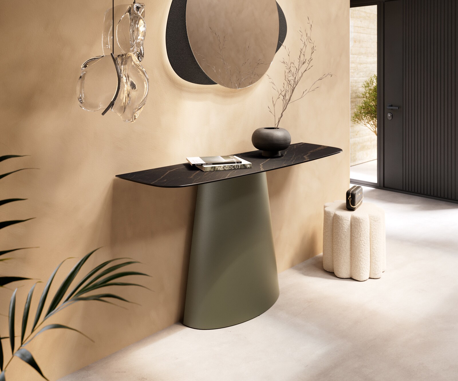 Konsola Edge w kształcie beczki 140x40 cm ceramika Laminam® Noir Desir brązowa rama Conos metal w kolorze tytanu 2