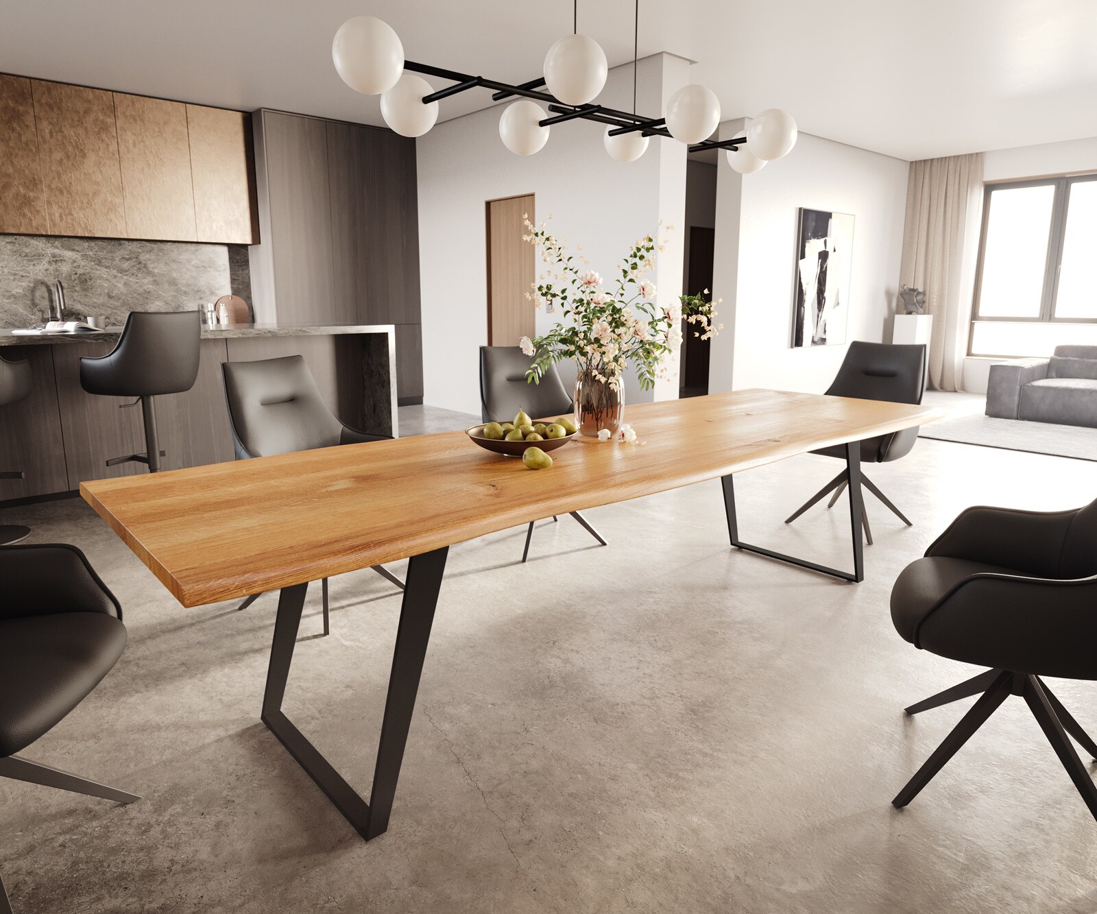 Stół do jadalni Edge 300x100x4cm dąb naturalny metal pochylona rama czarna live-edge 1