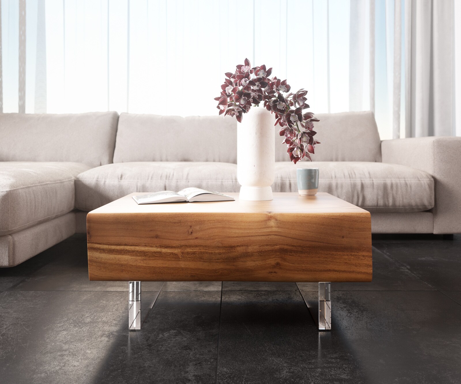 Stolik kawowy New Live-Edge 80x60cm akacja naturalna 2 szuflady nóżki akrylowe 1