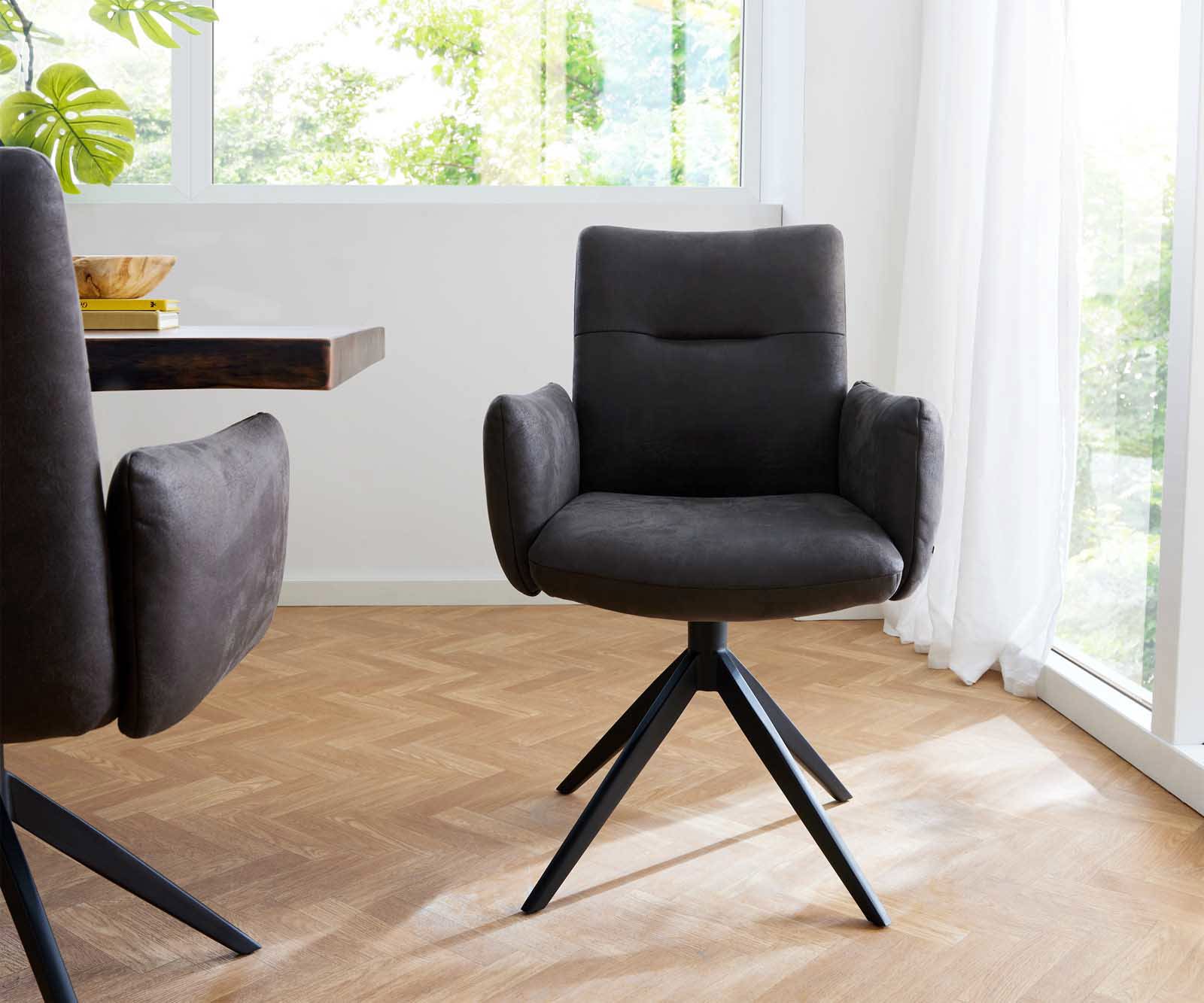 Krzesło do jadalni Jova-Flex z podłokietnikami mikrofibra antracyt vintage rama krzyżowa szeroka czarna obracane o 360° ze sprężynami kieszeniowymi 1