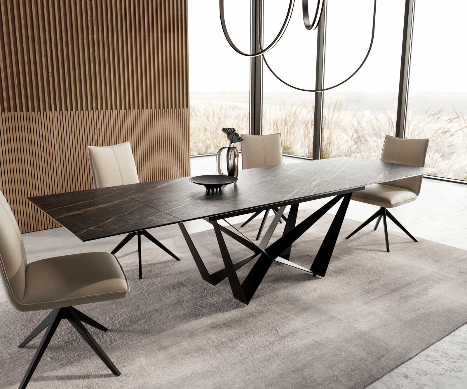 Stół do jadalni Edge 200-300x100 cm ceramika Laminam® Noir Desir brązowy rama Spider metal czarna rozkładany 7