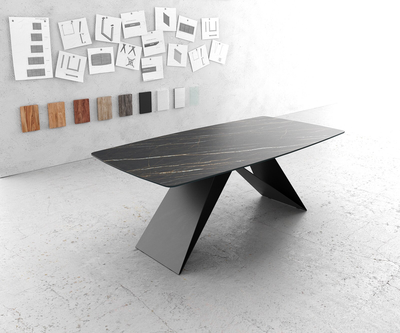 Stół do jadalni Edge kształt beczki 200x100cm ceramika Laminam® Noir Desir brązowy rama V czarna 1