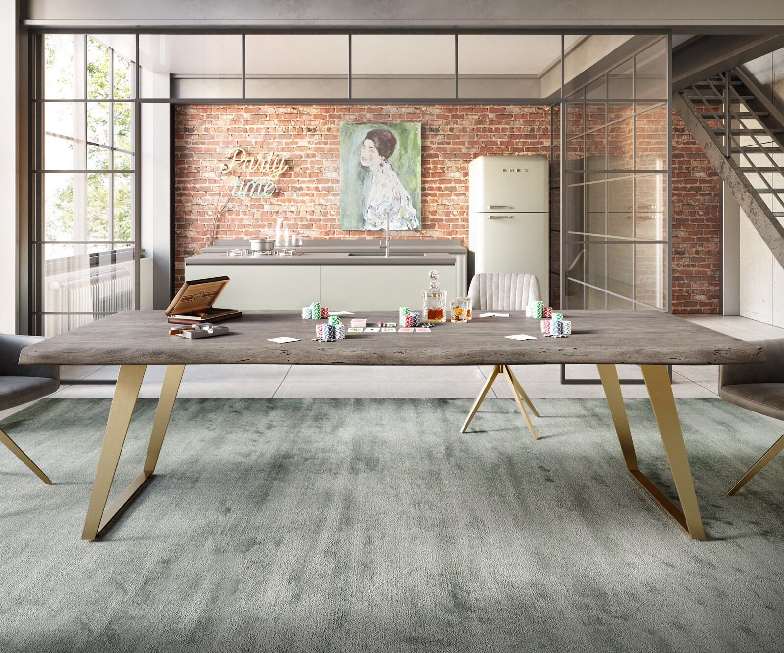Stół do jadalni Edge 260x100cm XL akacja platynowa stal nierdzewna złota rama pochylona 5