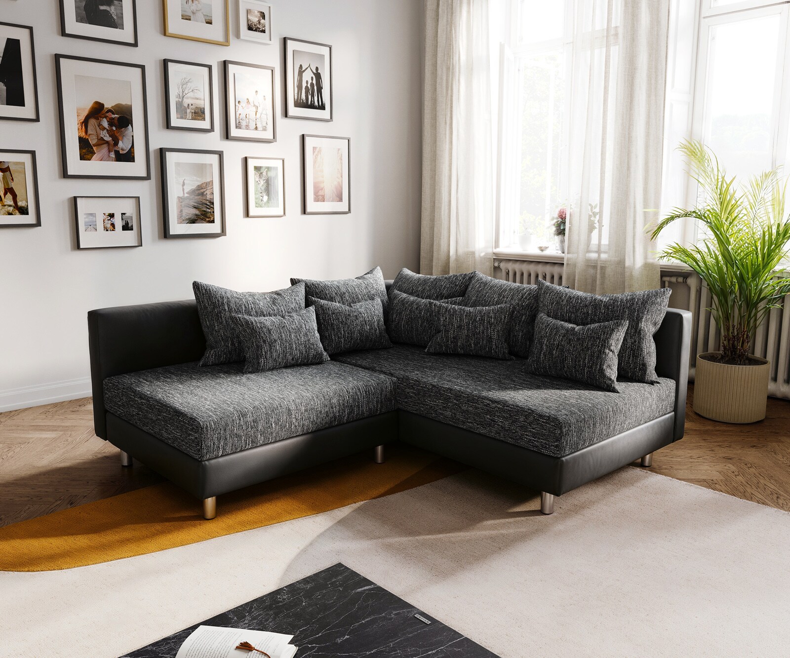 Sofa narożna Clovis czarna otomana prawa sofa modułowa z możliwością rozbudowy