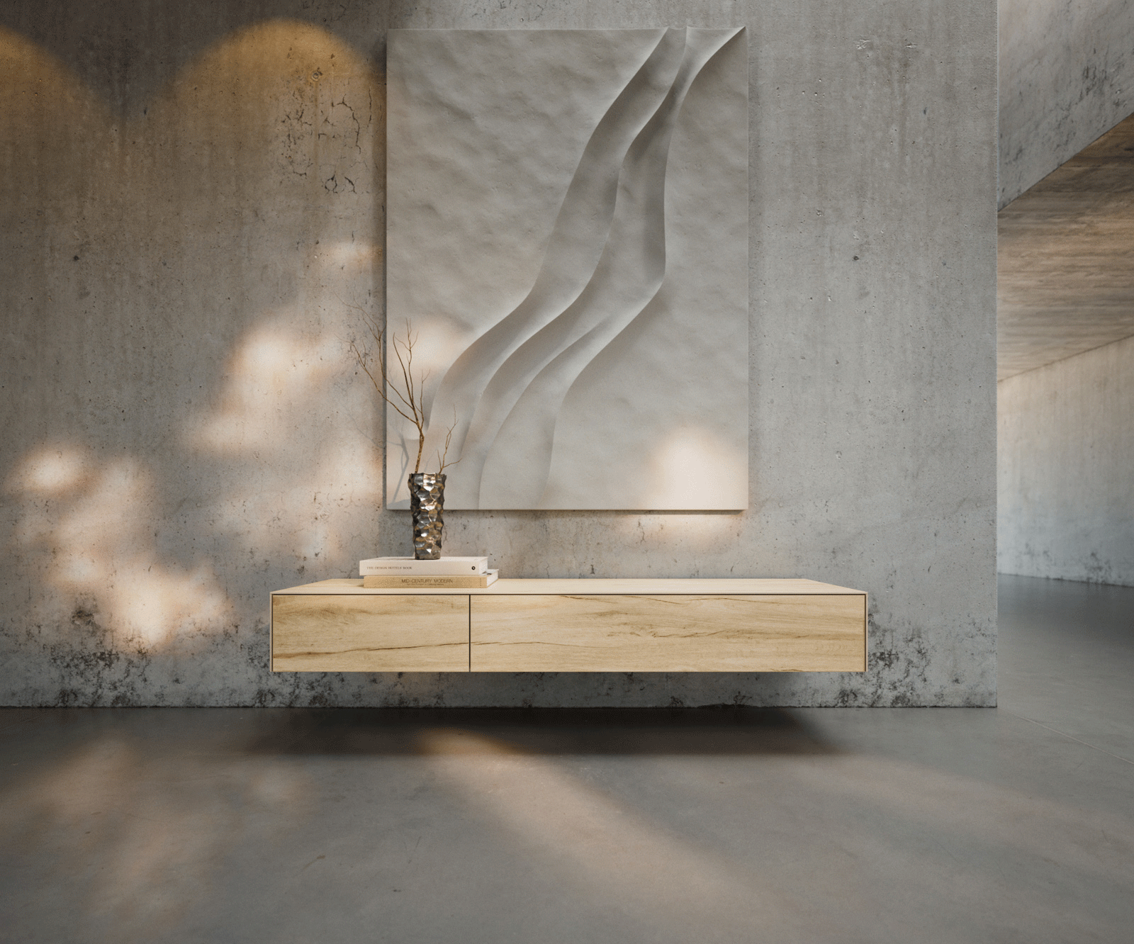 Szafka RTV Cuor 150 cm ceramika Laminam® Sabbia (kolor dębu) 1 klapa 1 szuflada podwieszana 1