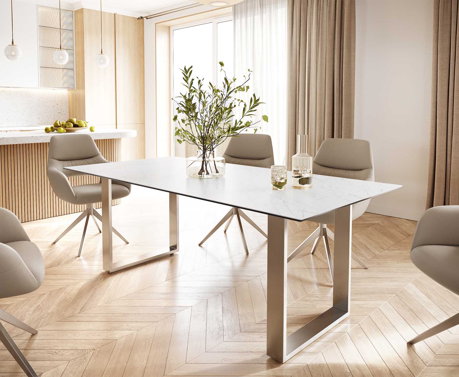Stół do jadalni Edge 200x100 cm ceramika Laminam® Statuarietto biały stal nierdzewna wąska rama