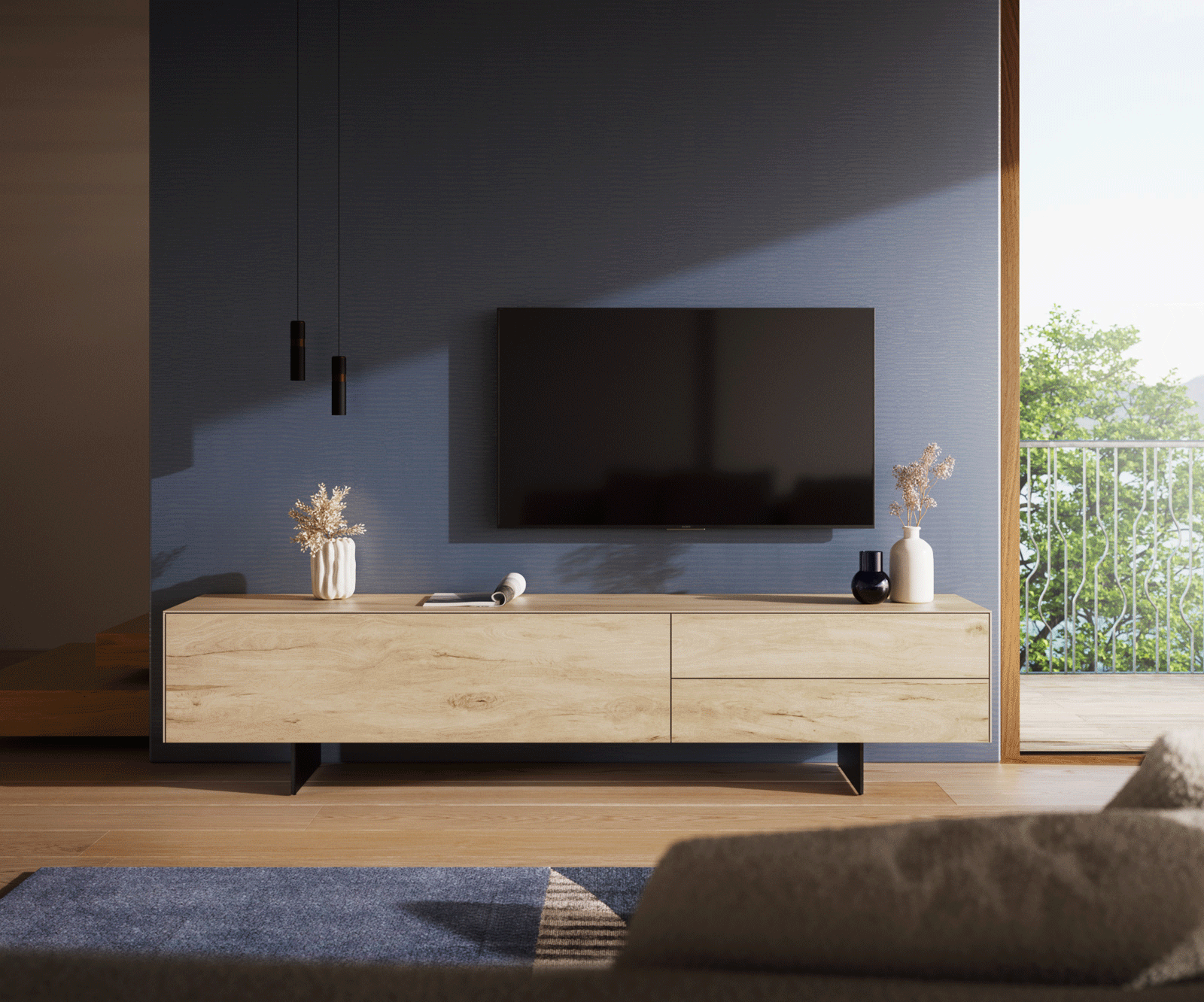 Szafka RTV Cuor 220 cm ceramika Laminam® Sabbia (kolor dębu) 1 klapa 2 szuflady nóżki wąskie czarny metal 2