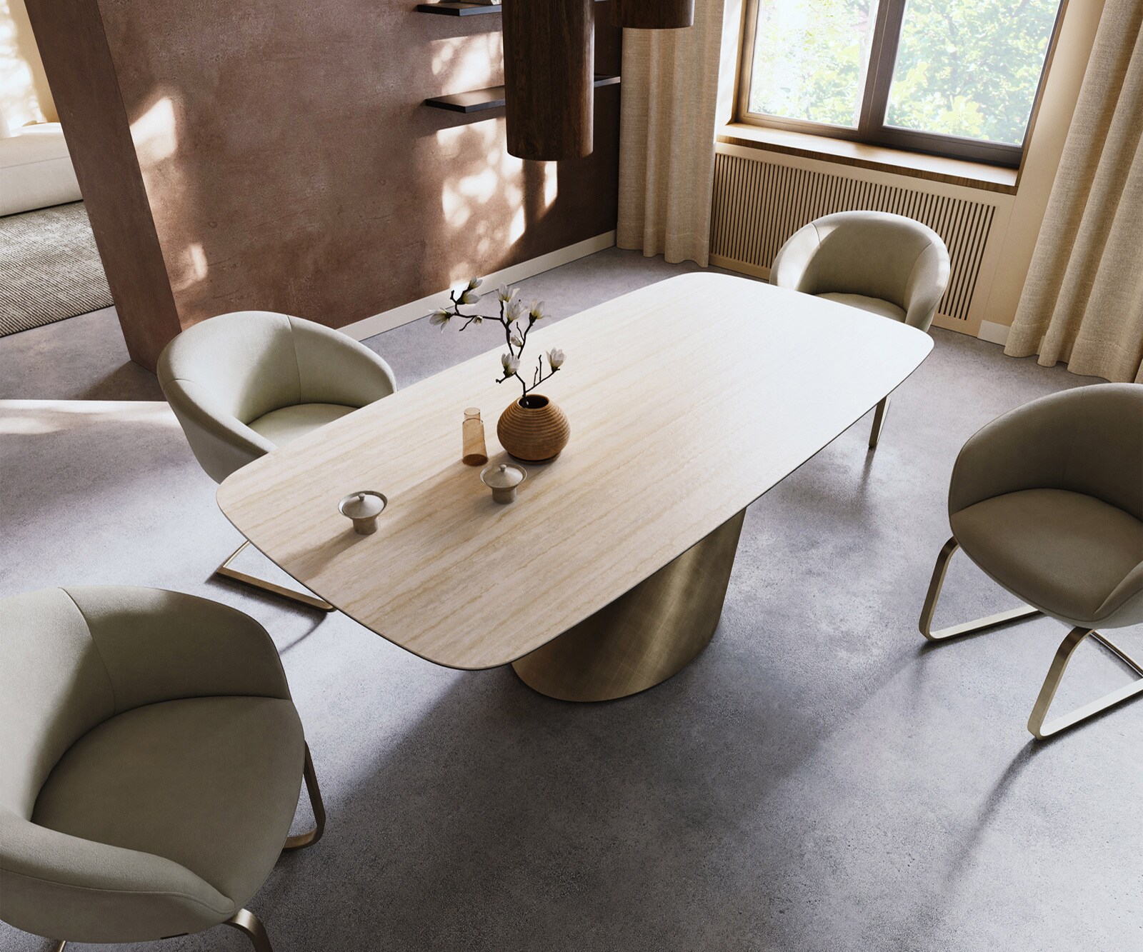 Stół do jadalni Edge w kształcie beczki 200x100cm ceramika Laminam® Travertino Bianco kremowo-biały rama Cono metaliczny złoty 3