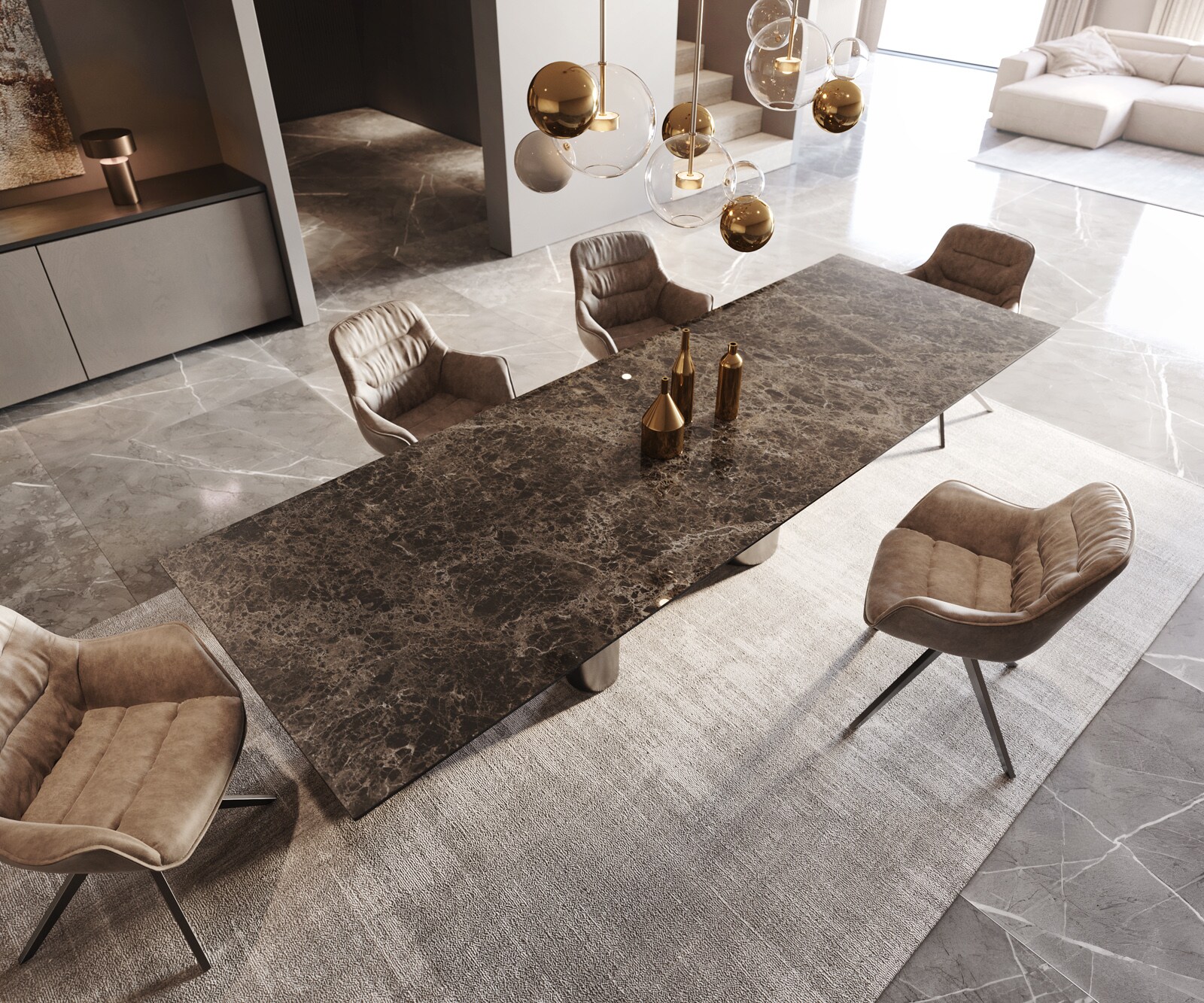 Stół do jadalni Edge 300x100cm ceramika Emperador Extra Lucidato ciemnobrązowy rama Pilier stal nierdzewna grafit 4