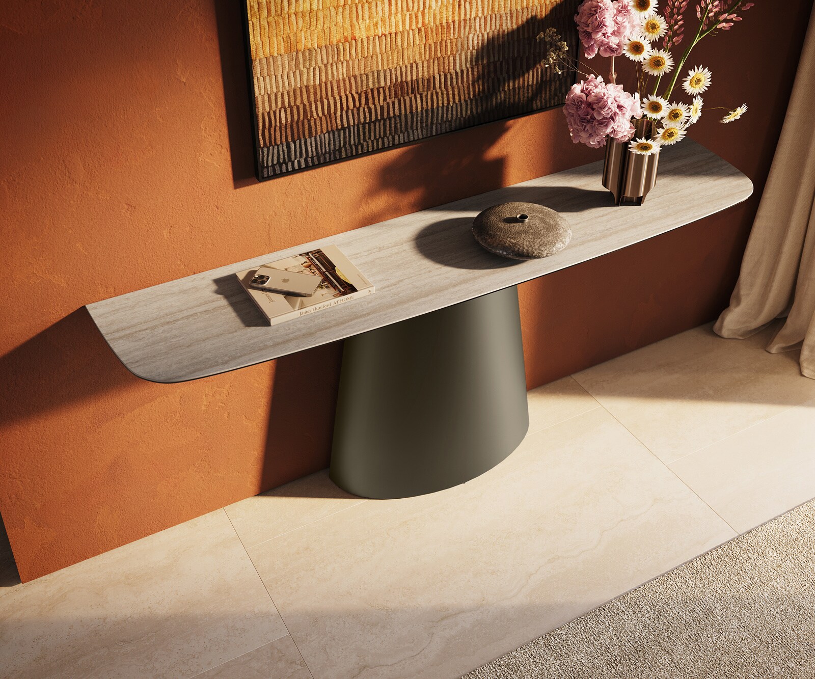 Konsola Edge w kształcie beczki 180x40 cm ceramika Laminam® Travertino Bianco kremowo-biały rama Conos metal w kolorze tytanu 4