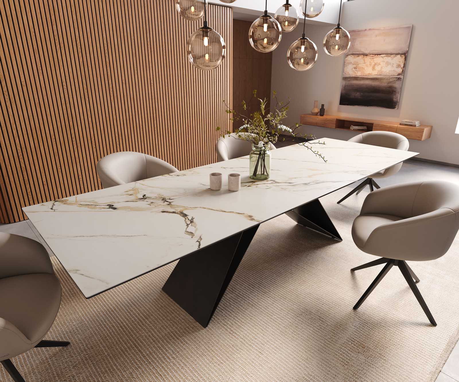 Stół do jadalni Edge 300x100cm ceramika Calacatta Luxe biało-złoto-szary rama V metal czarna 1