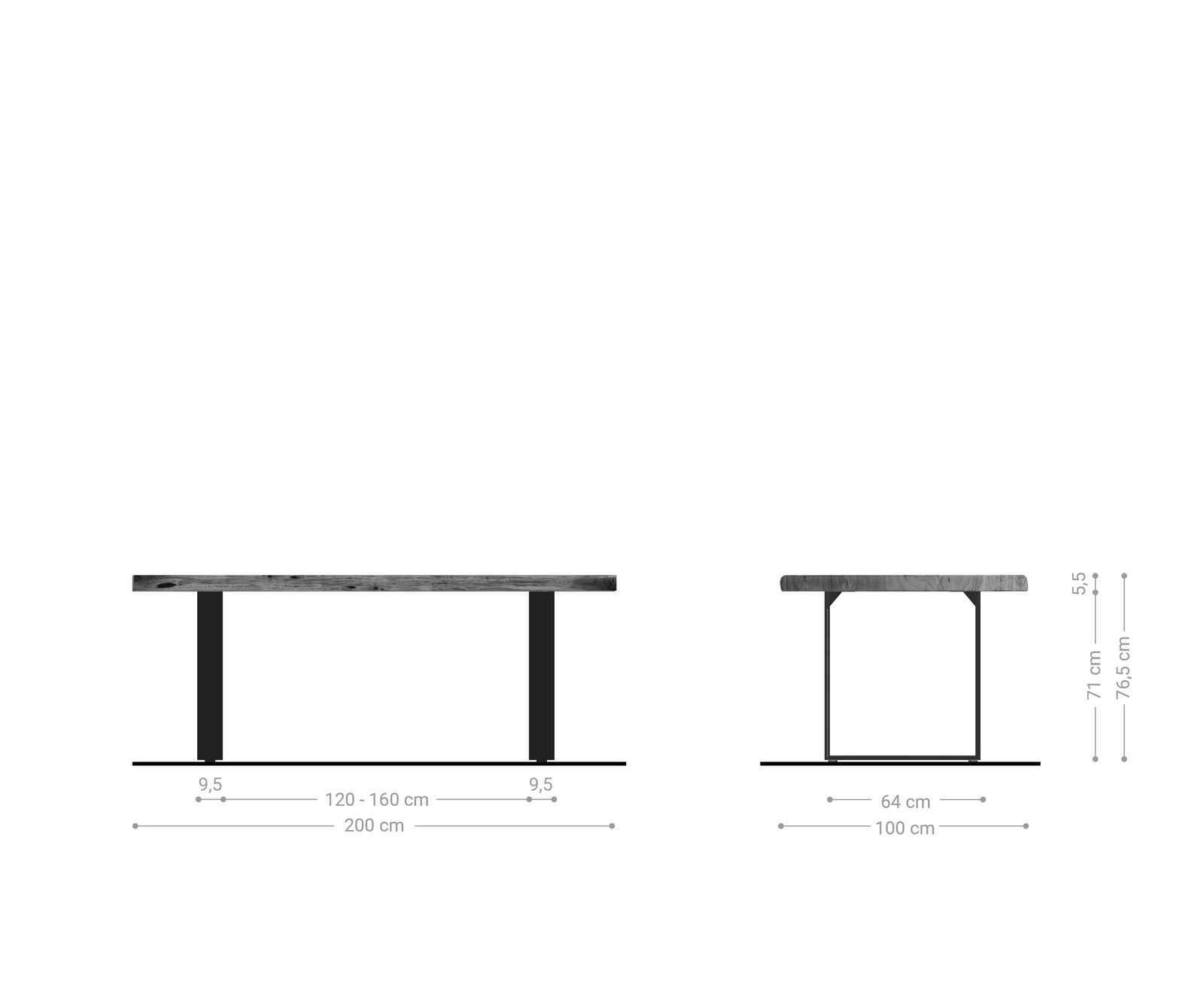 Stół do jadalni Edge 200x100 cm XL akacja platynowa stal nierdzewna wąska rama live-edge 6