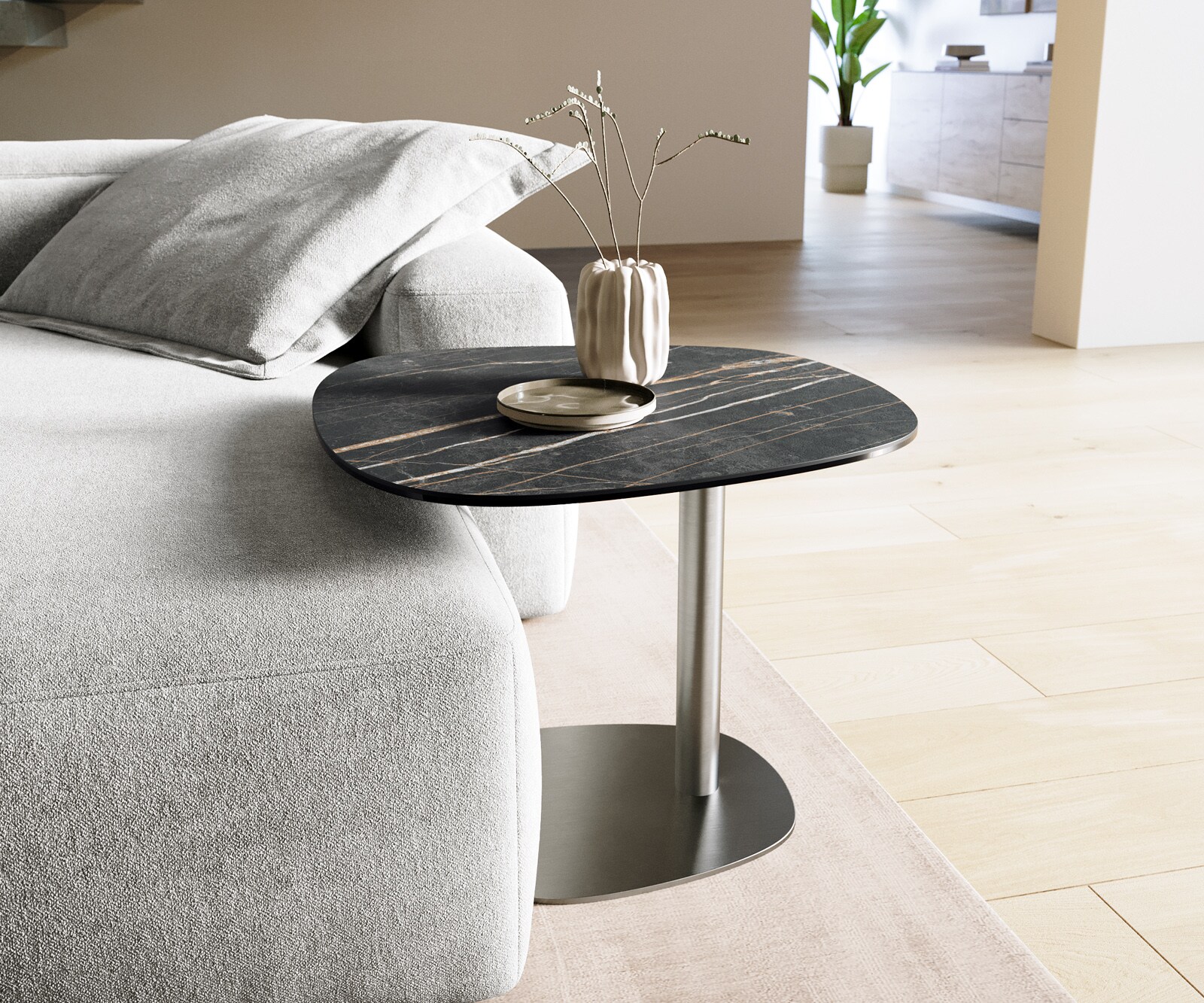 Stolik kawowy Edge w kształcie beczki 60x60 cm Laminam® Noir Desir brązowy podstawa Eleny stal nierdzewna szczotkowana 1