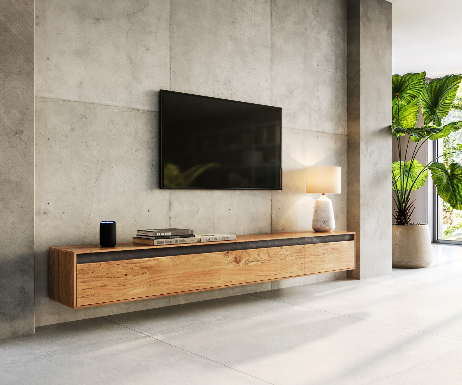 Szafka RTV Stonegrace 240 cm akacja naturalna łupek 4 drzwi podwieszana