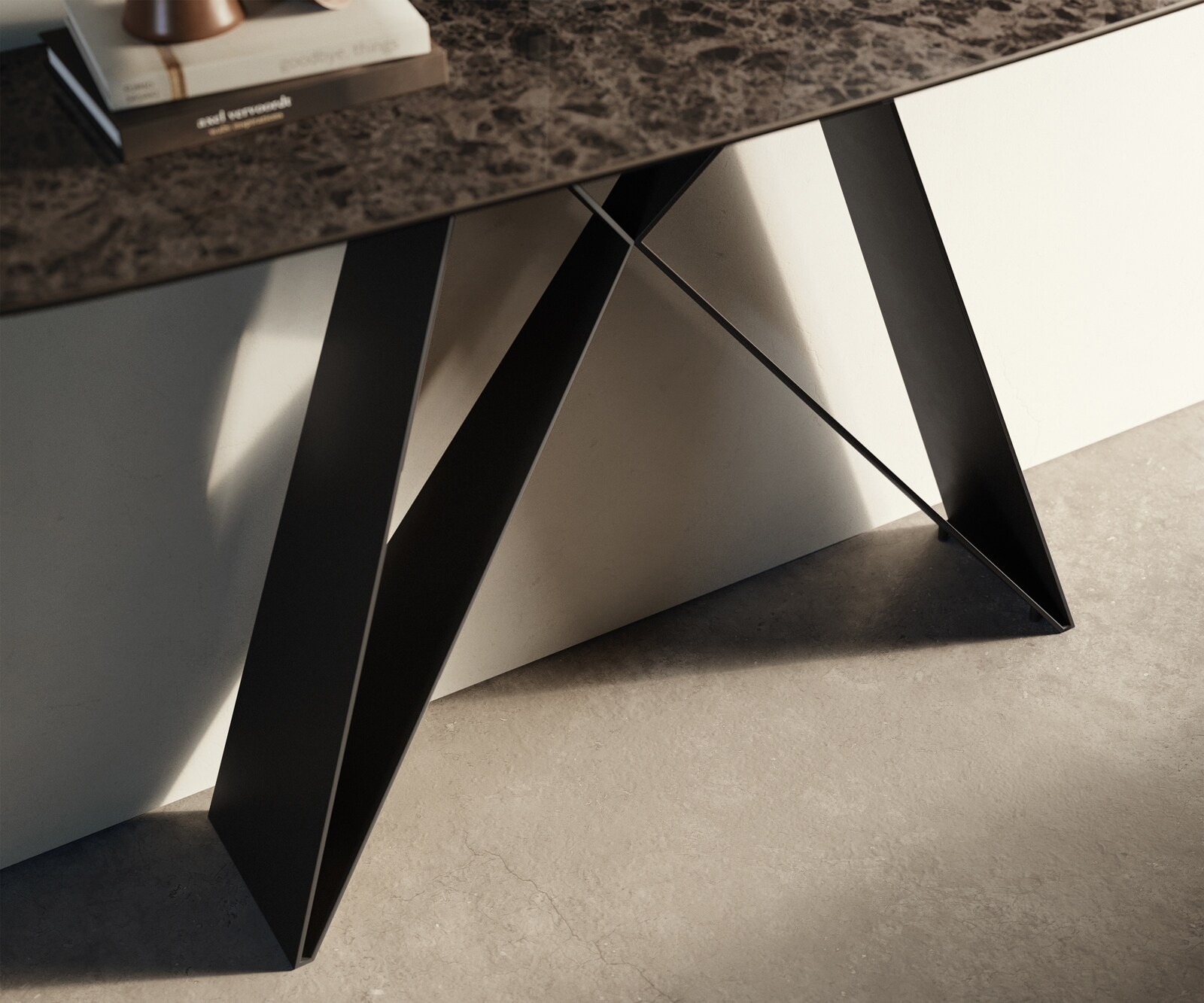 Konsola Edge w kształcie beczki 140x40 cm ceramika Emperador Extra Lucidato ciemnobrązowa podstawa Velio metal czarny 6