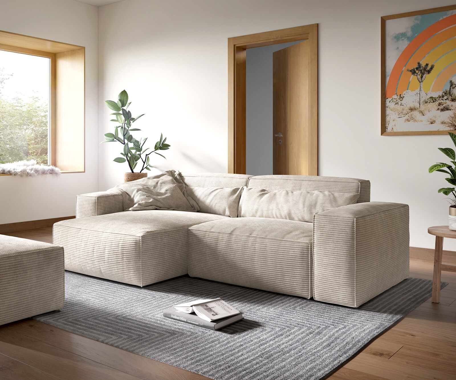 Sofa narożna Sirpio XL 270x170cm sztruks beżowy szezlong z możliwością zmiennego ustawienia z pufem